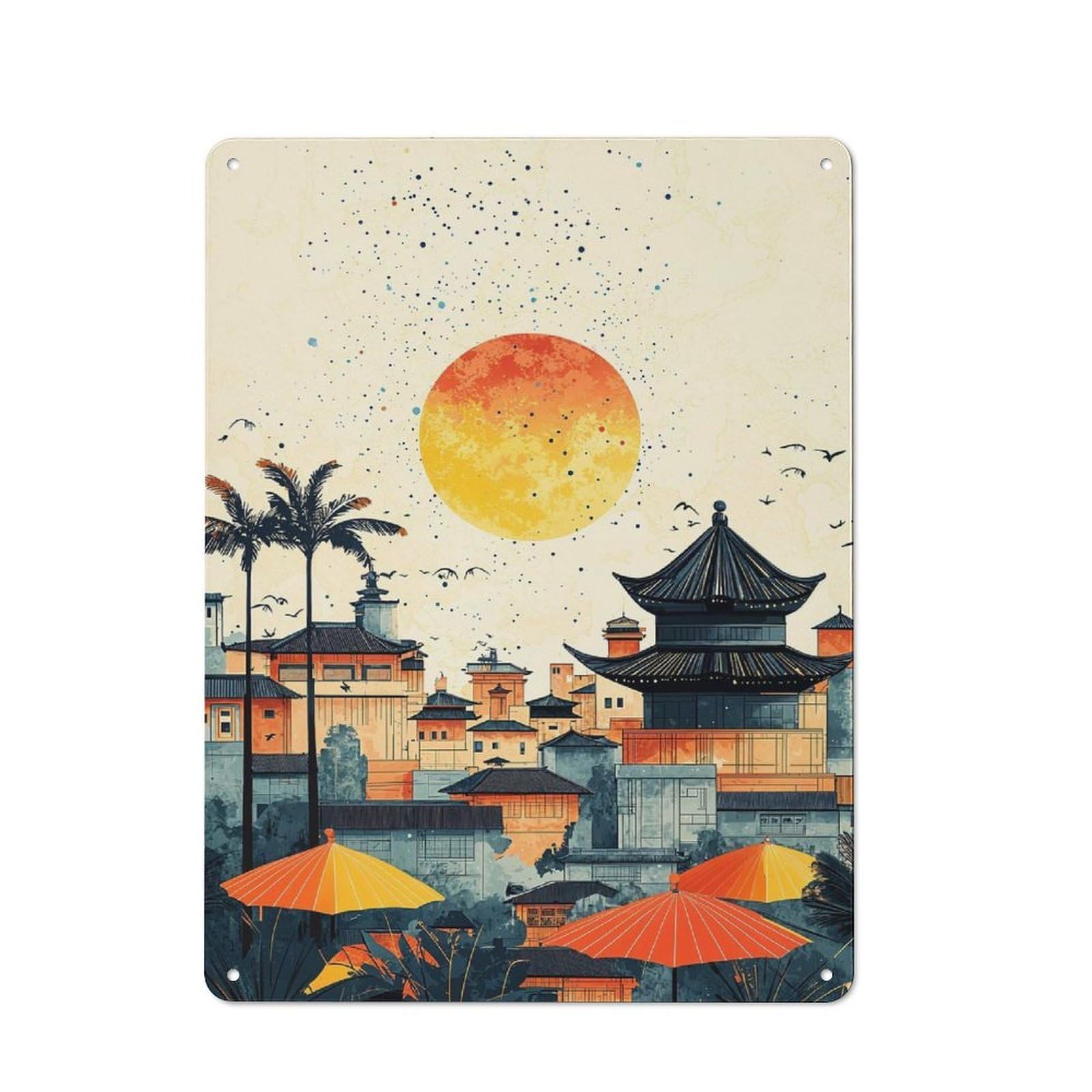 Nostalgic Decorative Tin Sign 40x30cm Featuring Sunset over Asian Cityscape, Old Style Wall Plaque for Kitchen, Hallway, Bar Or Small Cafe