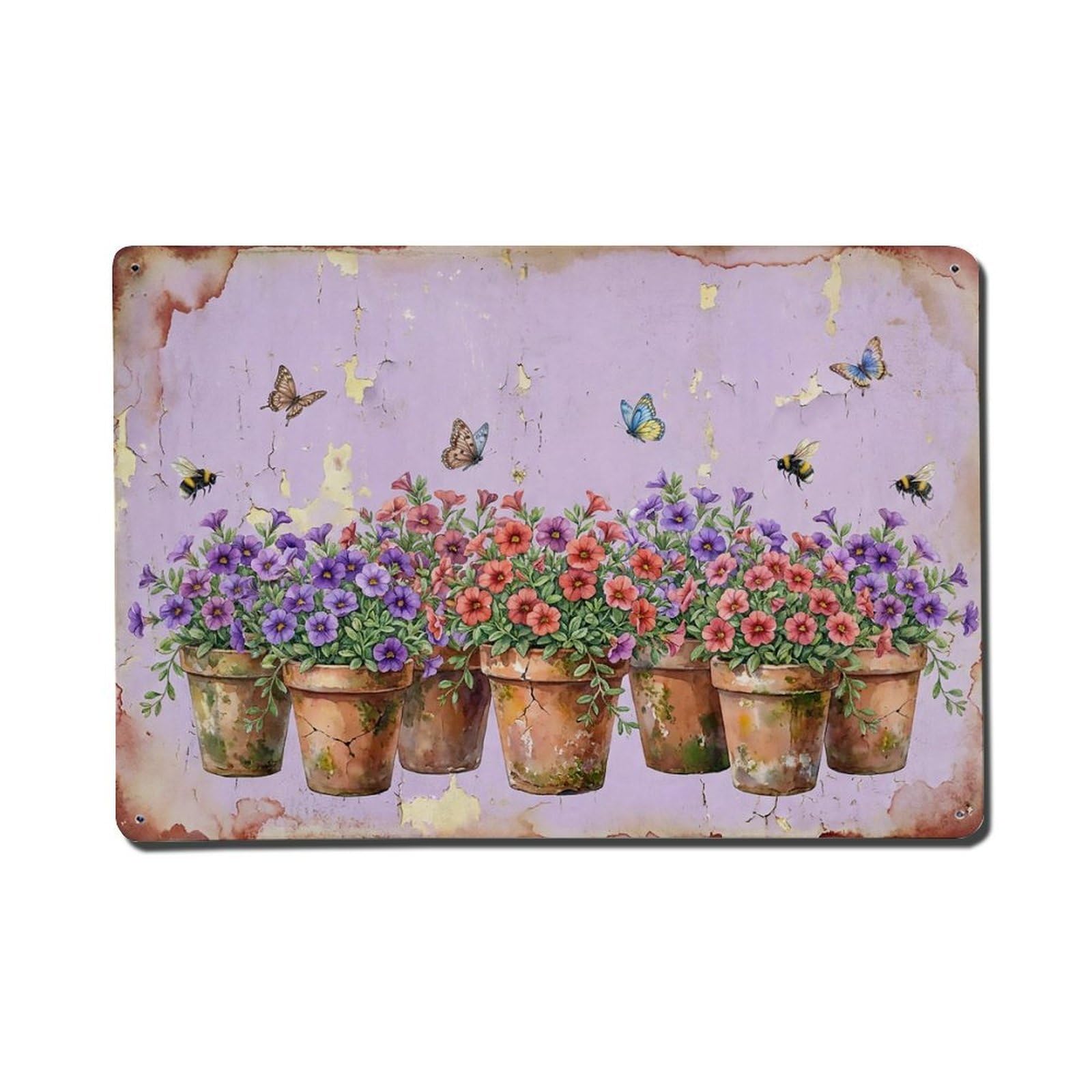 Vintage Rustic Flower Potted Plants Calibrachoa Metal Tin Sign