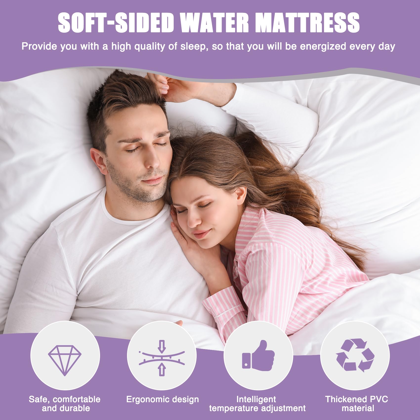 Softside materac wodny z PCW o grubości 10,5 cm z podgrzewaczem, rurą wodną i elektryczną pompą powietrza, składany materac na łóżko wodne, ergonomiczny kształt, łatwy w użyciu, bez