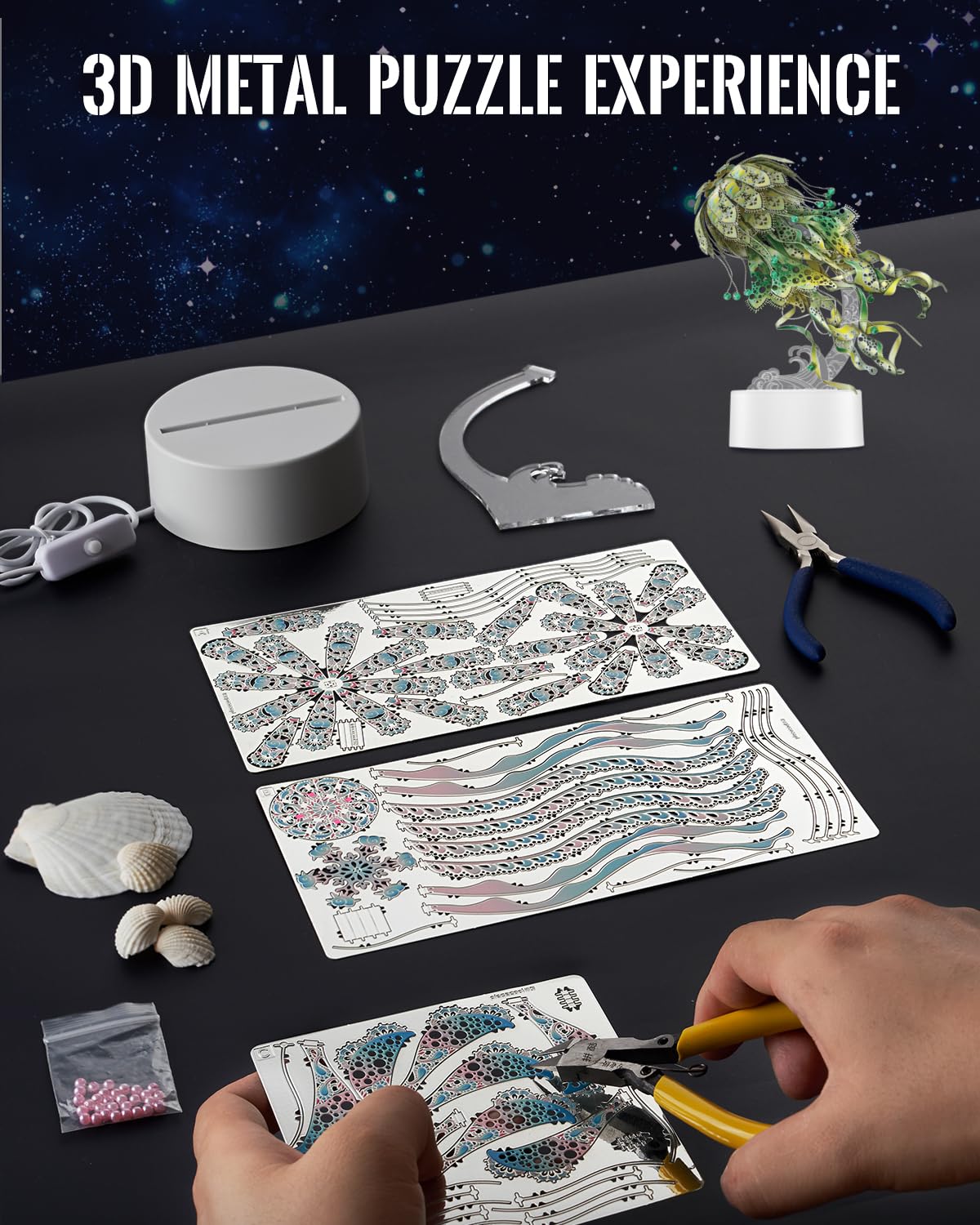 Piececool 3D Puzzle Metall Quallenlampe, Modellbausatz für Erwachsene, Metallpuzzle Erwachsen, 3D Puzzle für 430 Edelstahl 61 Teile (Grün, Grün)