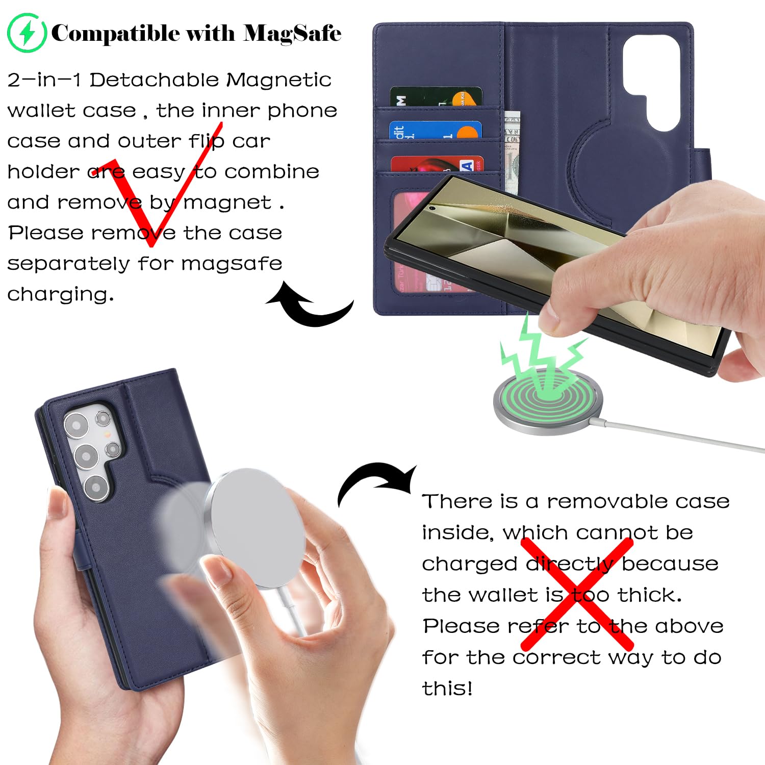 Havaya Custodia a portafoglio per Samsung Galaxy S24 Ultra staccabile magnetica con porta carte di credito compatibile Magsafe custodia a libro in pelle con supporto rimovibile antiurto per uomini e