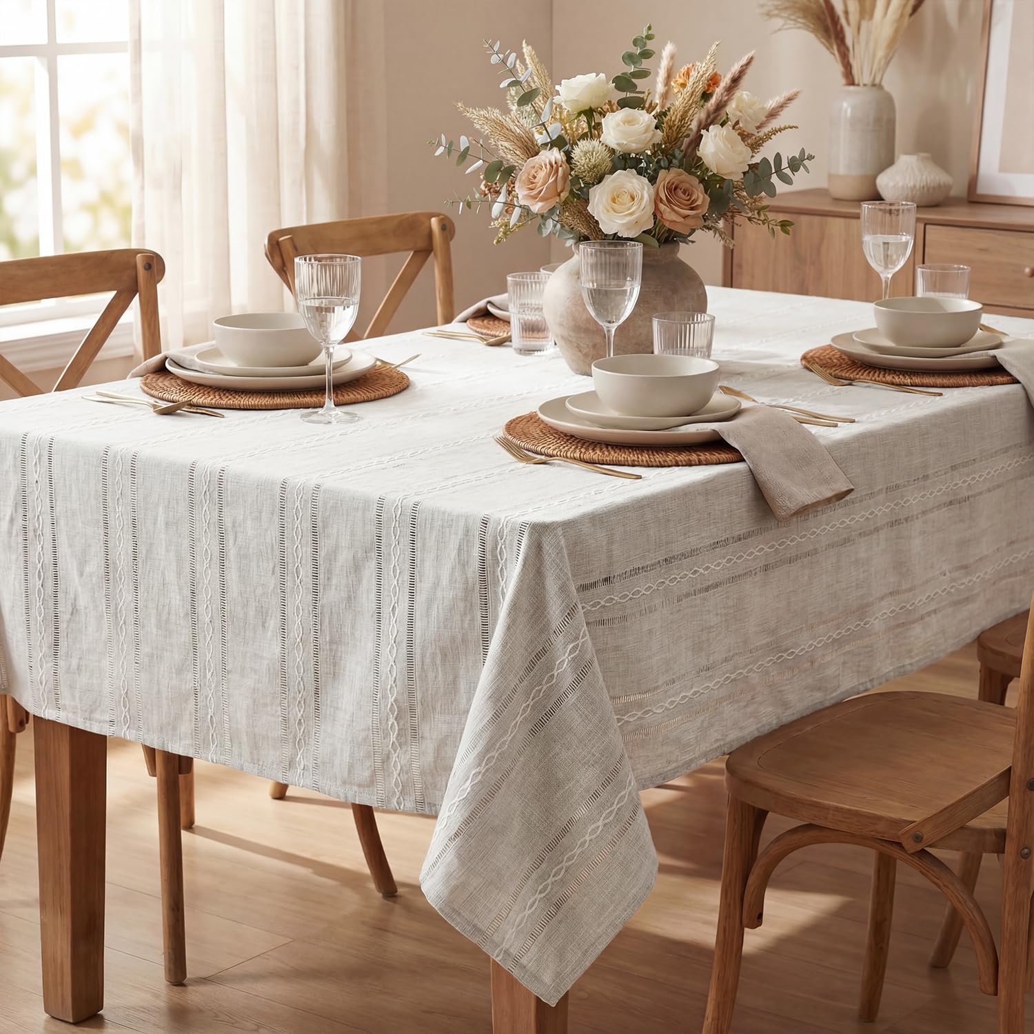 Photo 1 of Horaldaily Light Grey Cotton Blend Tablecloth 60×84 Inch Rectangular, Farmhouse Style, Wrinkle Resistant Washable Table Cloth, Hemstitched Embroidery Table Cover for Home