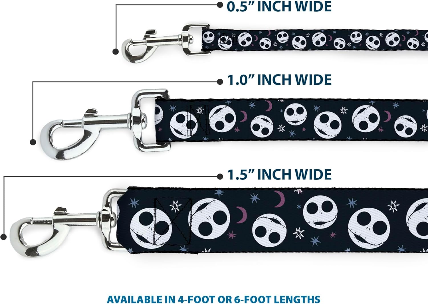 Disney Pet Leash, Dog Leash, Nightmare Before Christmas Smiling Jack Moon and Stars Black, 4 Feet Long 1.5 Inch Wide