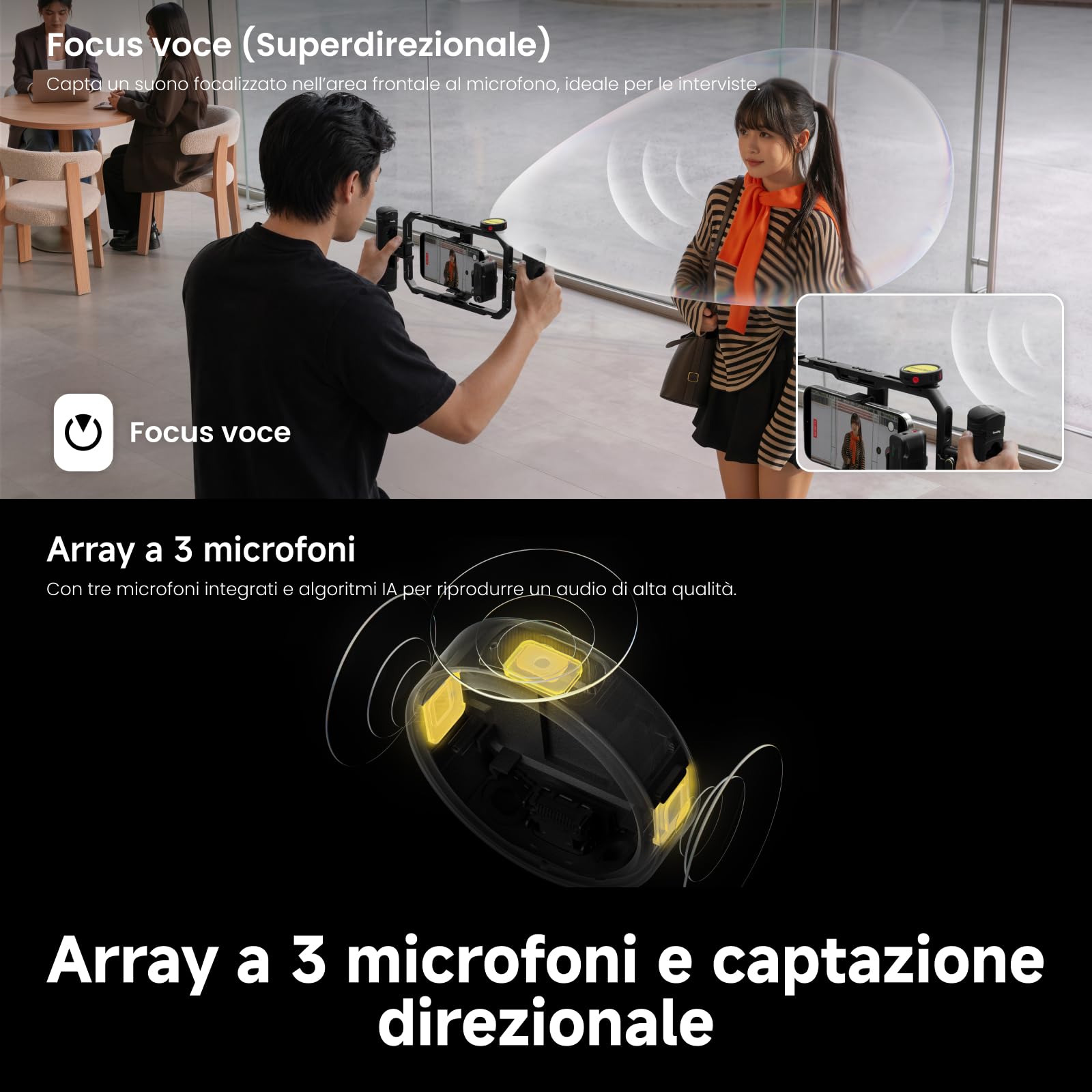 Insta360 Mic Pro Trasmettitore Nero grafite, mini microfono lavalier wireless per iPhone/videocamera/Android, cattura video, Bluetooth, display E-ink personalizzabile, 3 mic