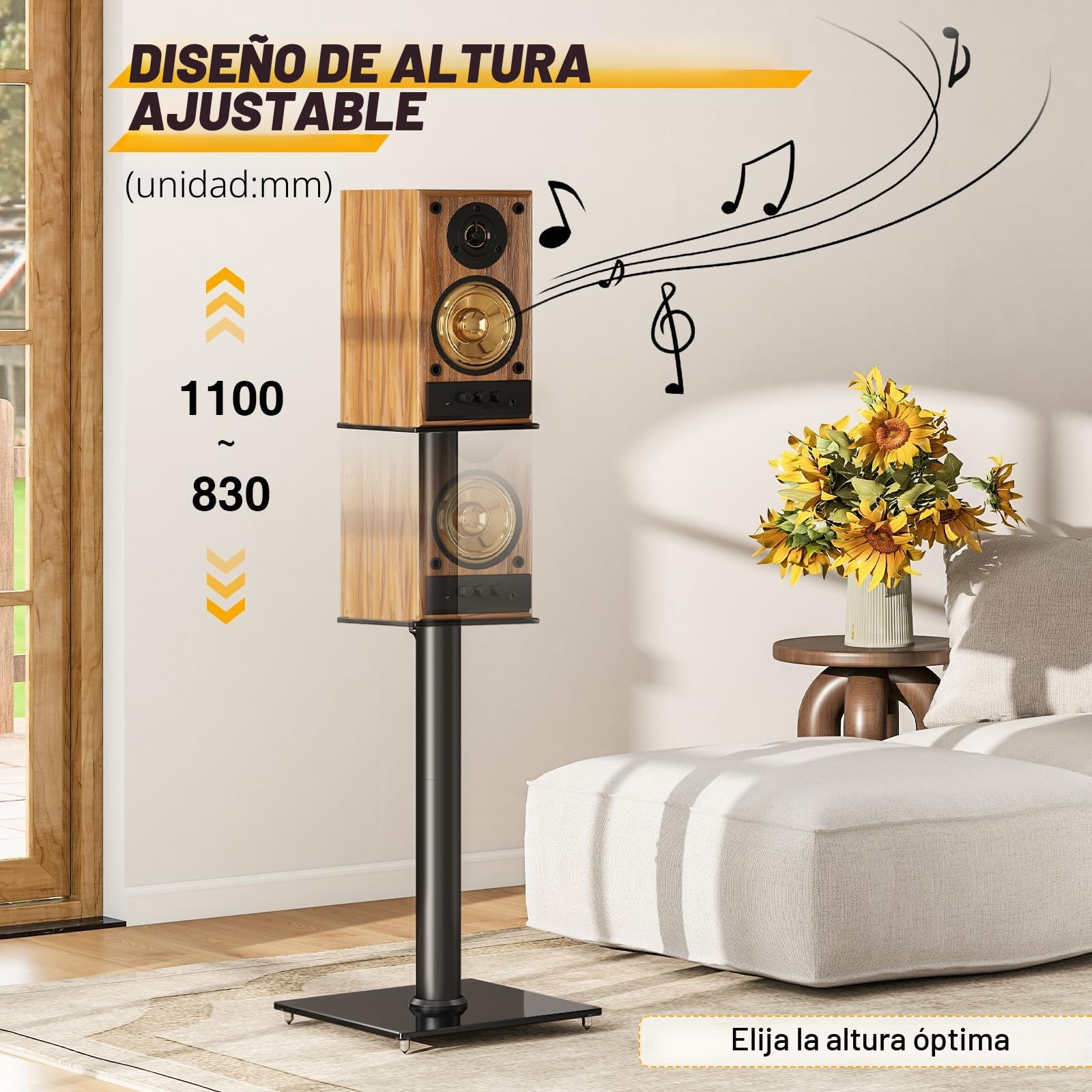 5Rcom Soportes universales para altavoces para sonido envolvente, juego de 2 soportes de suelo de altura ajustable de 830 mm a 1100 mm, cada uno soporta 5 kg, gestión de cables, fácil montaje, color