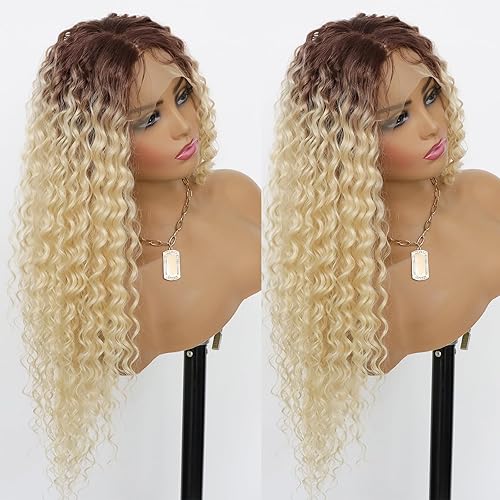 Miniatura 10 de Pelucas de encaje frontal de 13 x 4 rubio ombré con cabello de bebé, sin pegamento, peluca larga de onda de agua, rubio claro, peluca de encaje