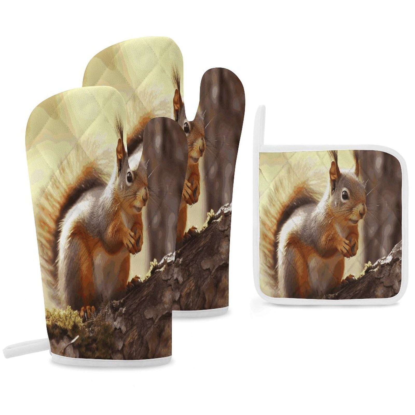 Fekiloot Style Funny Squirrel1 Oven Mitts Funny Heat Resistant,Oven Glove With Hanging Loop,Resistant Hot Pads For Kitchen Baking Grilling Cooking
