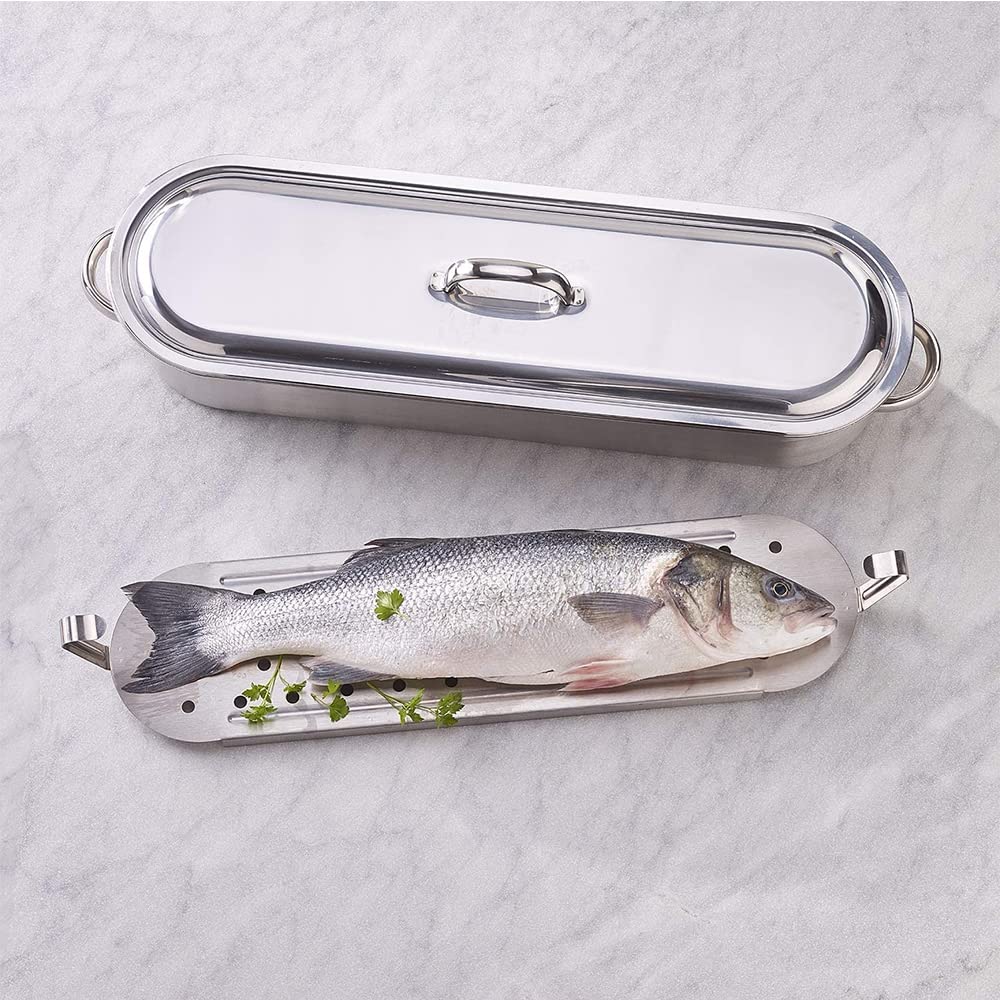 Pesciera con griglia e Coperchio cuoci Pesce becchetti Acciaio Inox 18/10 Manici reclinabili casseruola pentola Ovale per Cucina Ristorante