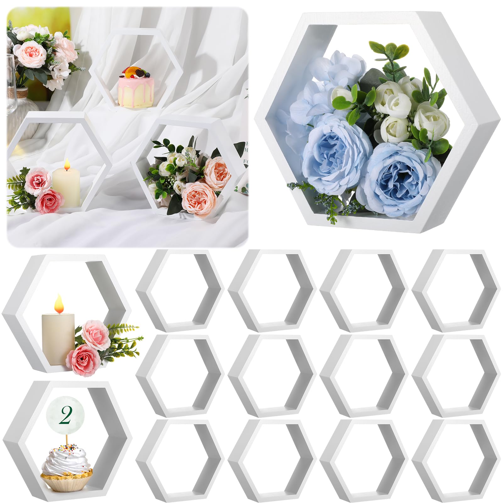 Barydat 12 Pcs 8 Inch Hexagon Shelves Hexagon Wood Centerpiece Geometric Terrarium Decorative Honeycomb Floating Storage Shelf for Wedding Table Decorations Home Office Room (Retro White)