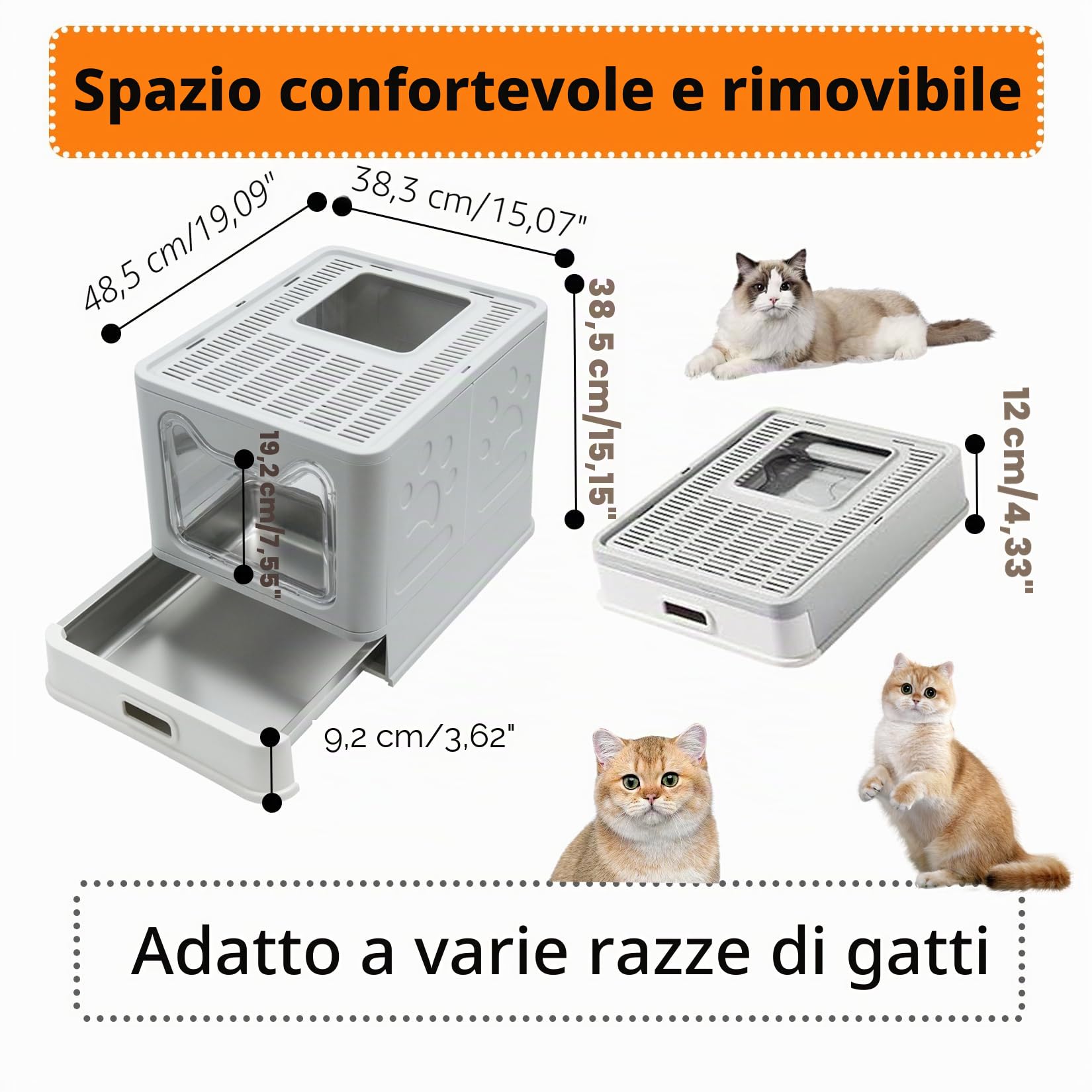BingoPaw Lettiera Gatto Chiusa Acciaio Inox Cassetto Facile da Pulire | Per Peso Inferiore a 5 kg, Staccabile, Antiodore, con Paletta
