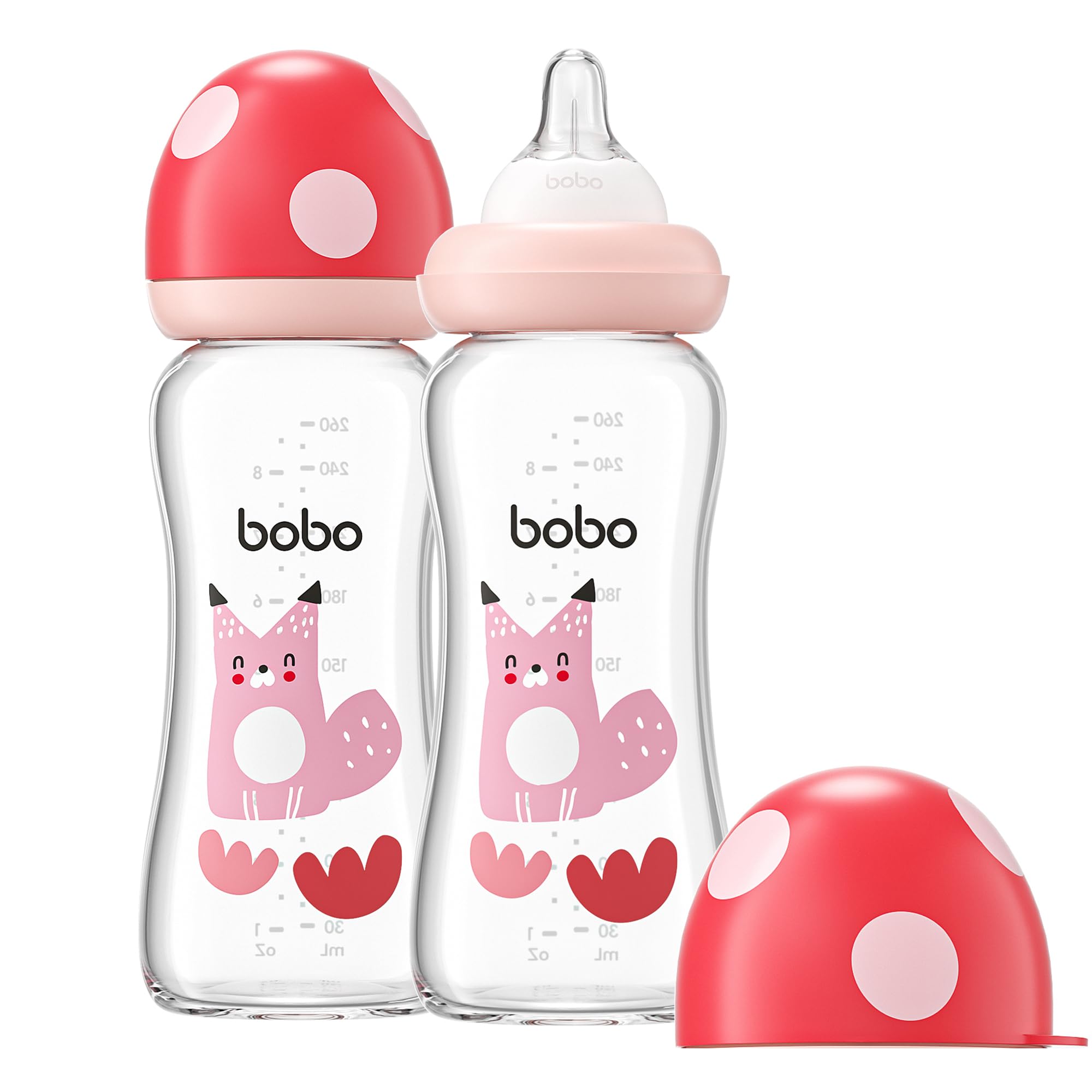 YOHKOH Natural Glass Baby Bottle with Level 2 Medium Flow Nipple, Newborn Anti-Colic Baby Bottles, Wide Neck Mushroom Baby Glass Bottle (8.8ounce (