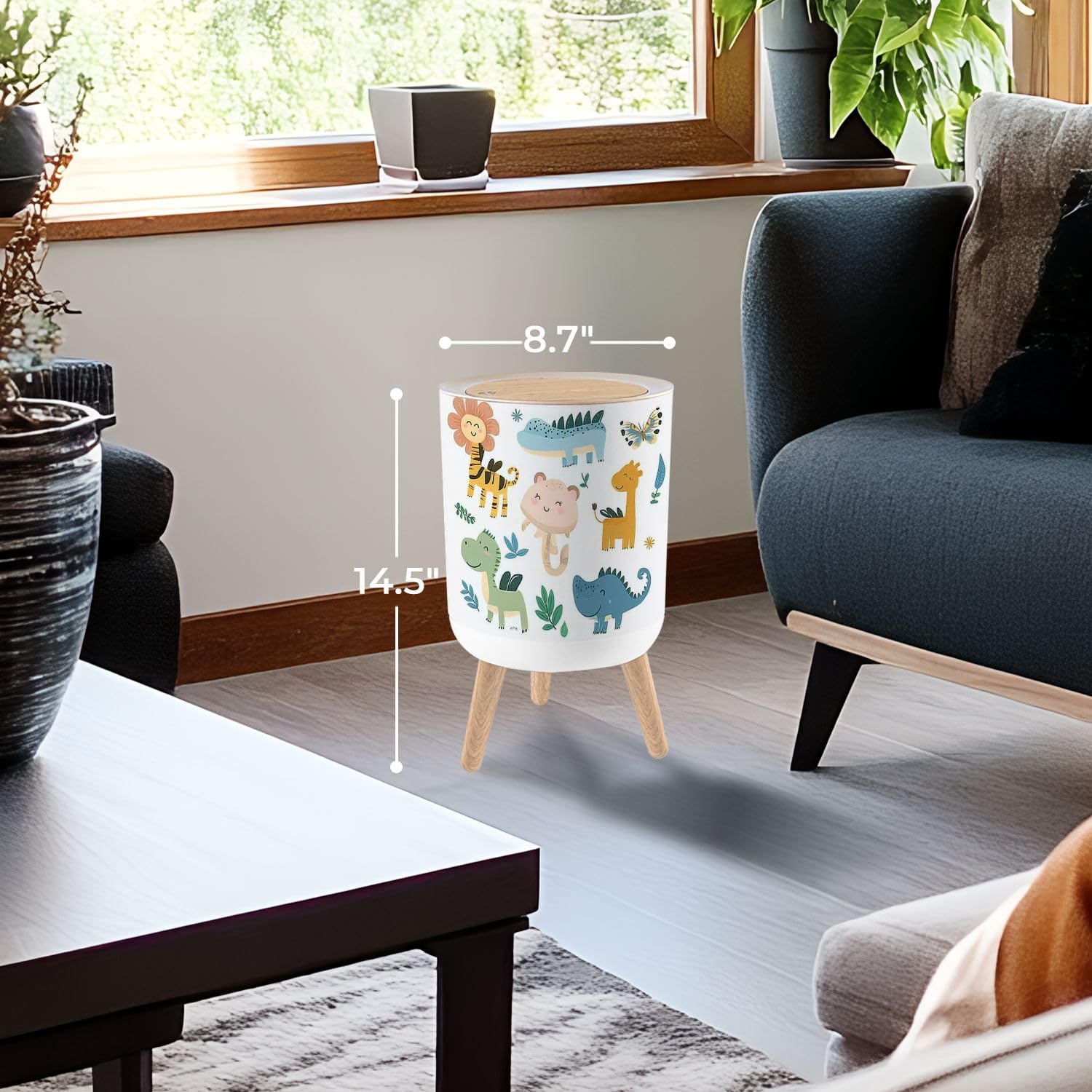 Trash Can with Lid Cute Wild African Animals Including Lion Giraffe Elephant Garbage Can Round Waste Bin Press Cover Dog Proof Wastebasket for Kitchen Bathroom Living Room Nursery 1.8gal