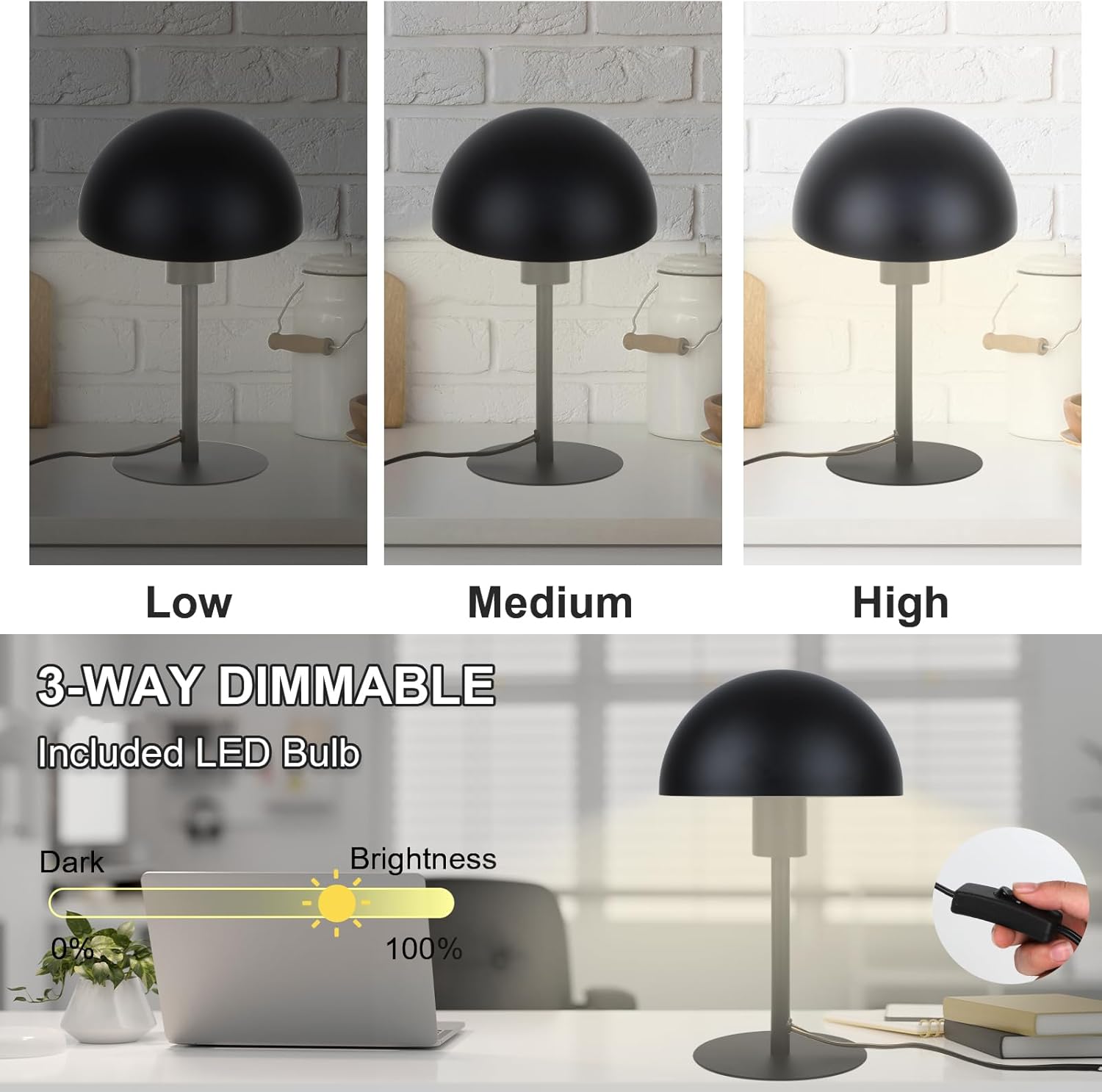 LALISU Mushroom Lamp Small Bedside Table Lamp, Retro Vintage Table Lamps Dimmable Nordic Reading Lamp Night Light for Bedroom Living Kitchen, Gifts (Black)