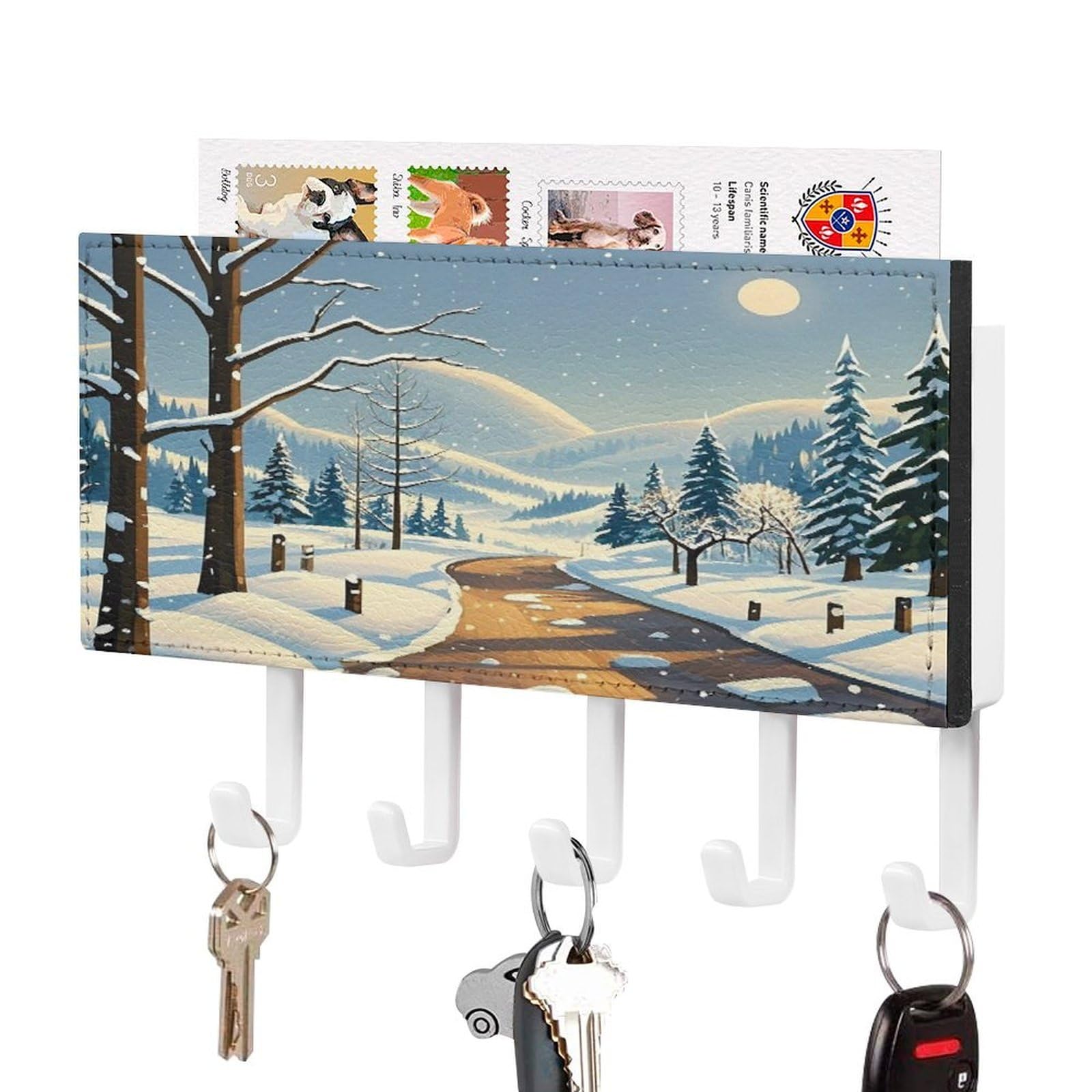 FekiLoot Winter Landscape Key Holder Wall Mount Key Hooks for Wall Decorative with 5 Hooks PU Mail Rack Organizer with Shelf for Entryway Mudroom Hallway Office 7.1X4.3 in