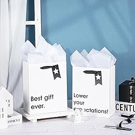 Loveinside Christmas Medium Size Gift Bags Set, Funny Quirky Design with Bold Black Text Pattern with Tissue Paper Perfect for Shopping, Parties, Birthday, Holiday, 4 Pack, 7 X 4 X 9