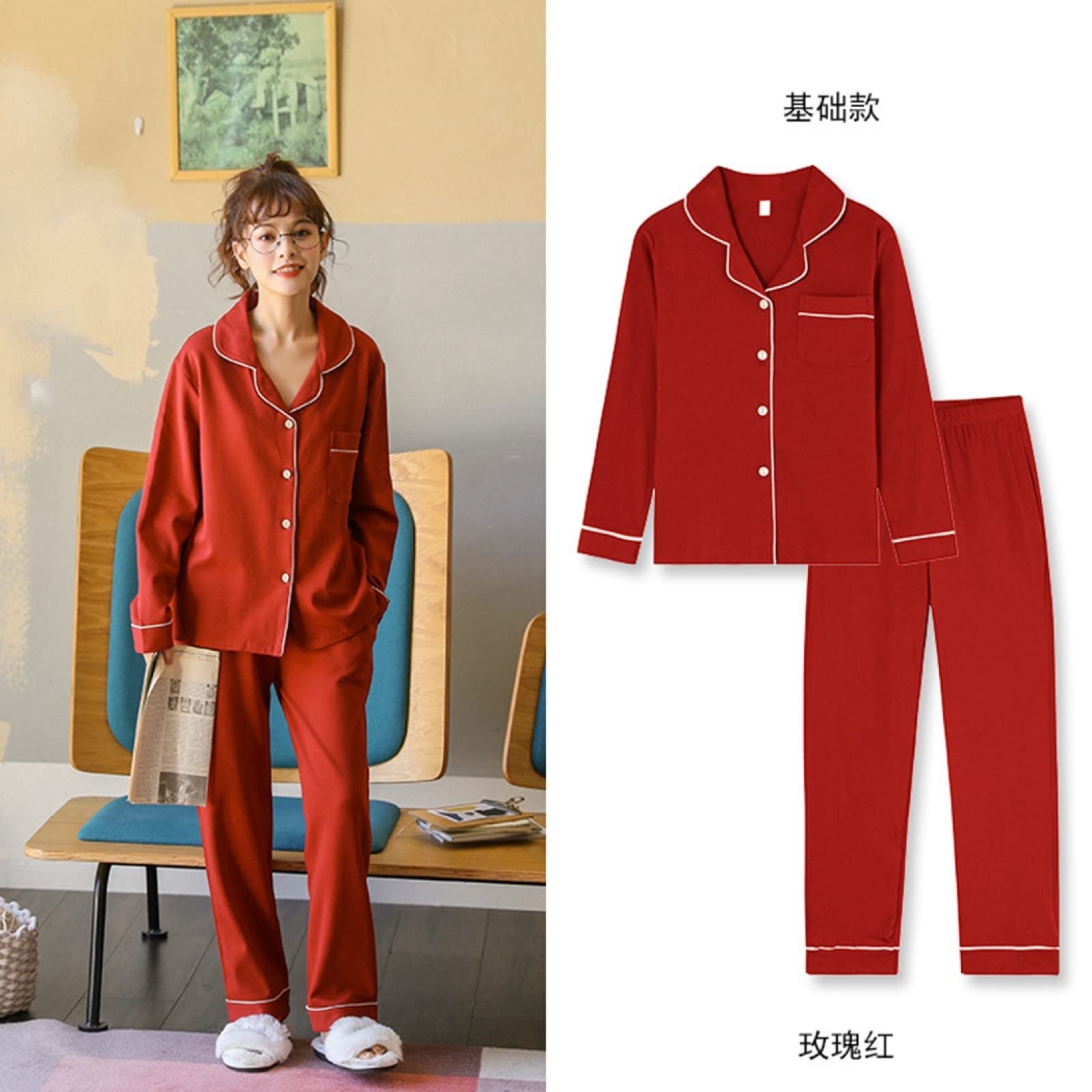 Pijamas de Franela para Invierno y otoño para Mujer y Hombre, Conjuntos de Pijama de 2 Piezas para Mujer, de algodón de Moda, de Manga Larga con Solapa, Sencillos, en Rosa y Rojo,