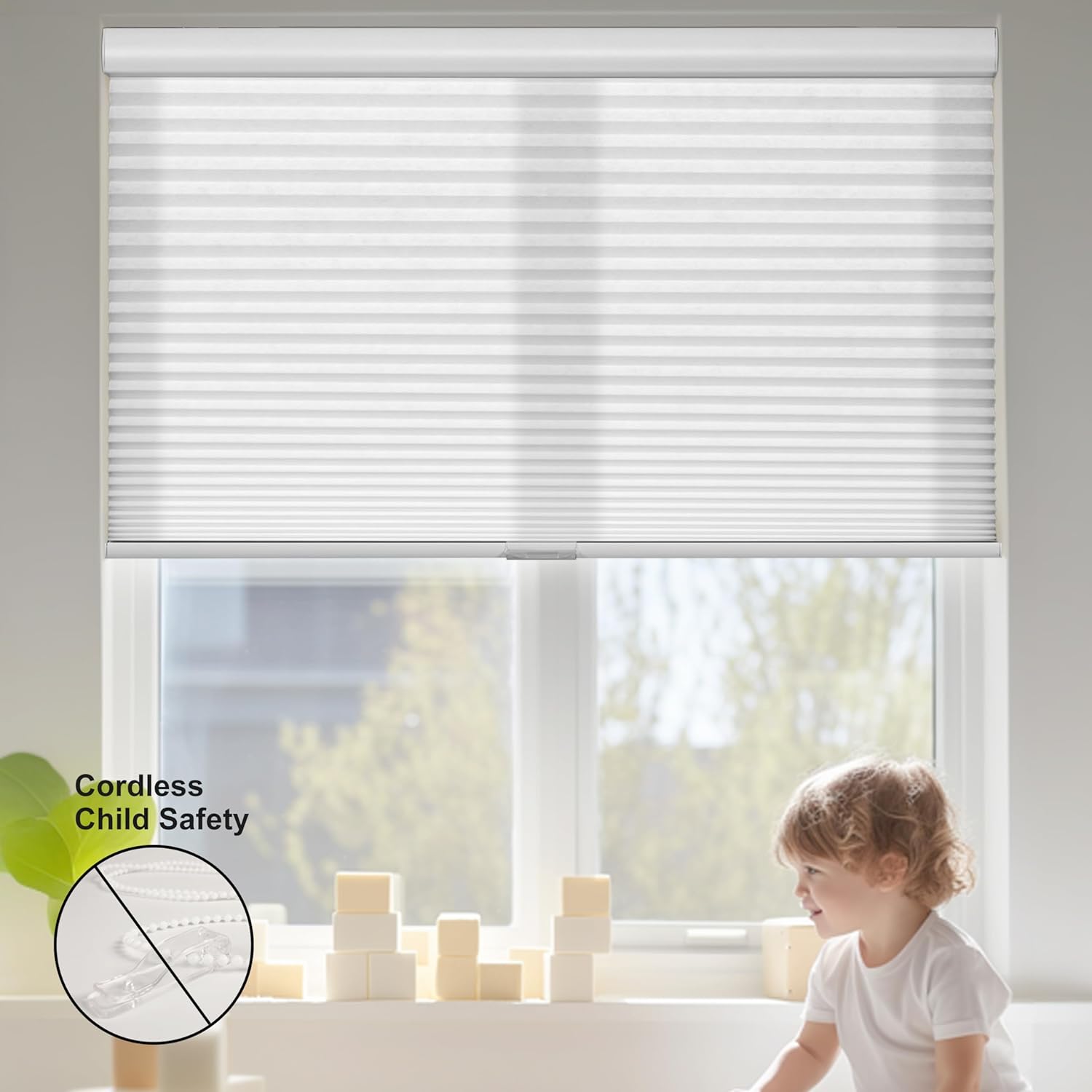 Light Filtering 1.5" Cell Honeycomb Blinds for Windows Cordless Cellular Shades Hidden Mounting Room Darkening for Home, Office, White, 17" W x 48" H