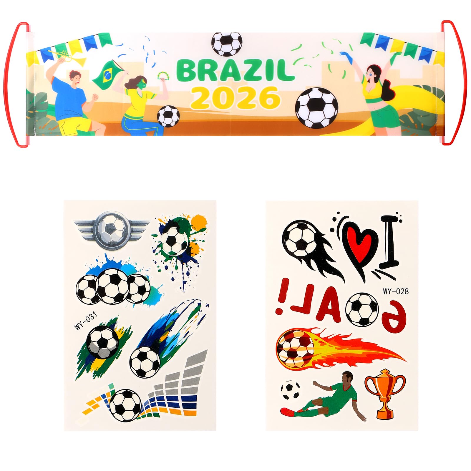 LALASTYLE World Cup Banner Brazil Handheld Flag with Temporary Tattoos, 2026 Football Supporters Party Decorations Set, 63x15cm Polyester Hand Flag,Fan Face Paint Stickers for Match Day