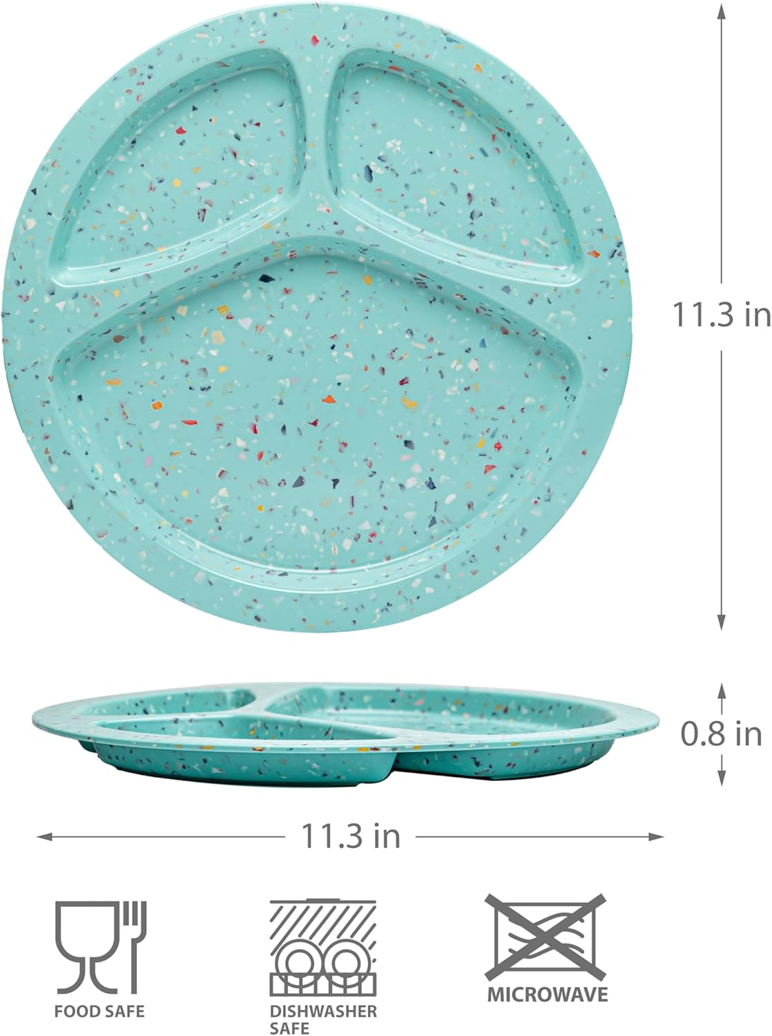 bzyoo 11-Inch Divided Plates Set of 2, 100% Melamine Portion Control Plates for Adults & Kids, Modern Confetti Pattern, BPA-Free & Dishwasher Safe, Ideal for Camping, RV, and Daily Use (Green)
