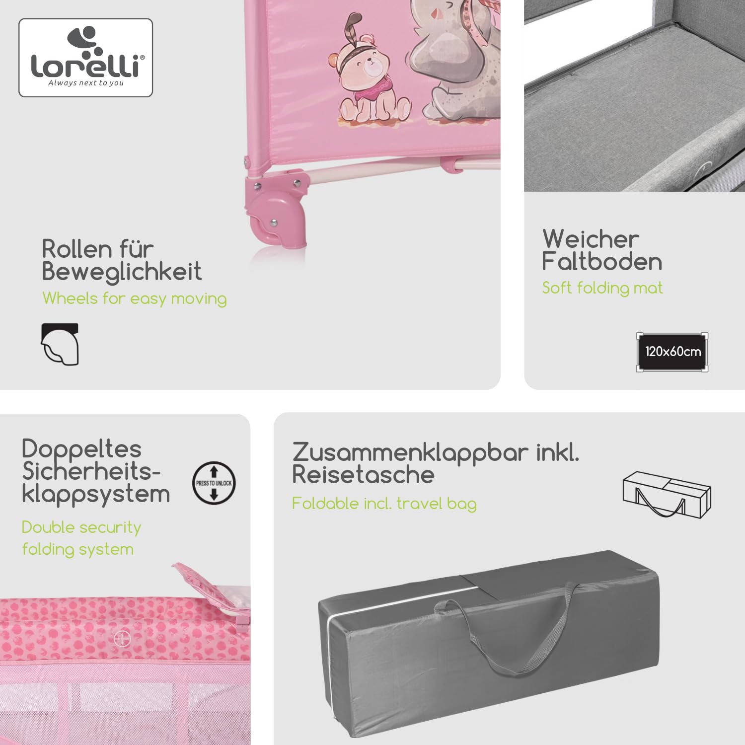 Lorelli Łóżko turystyczne Moonlight dwa poziomy, składane, mata do przewijania, materac, koła, kolory: różowy