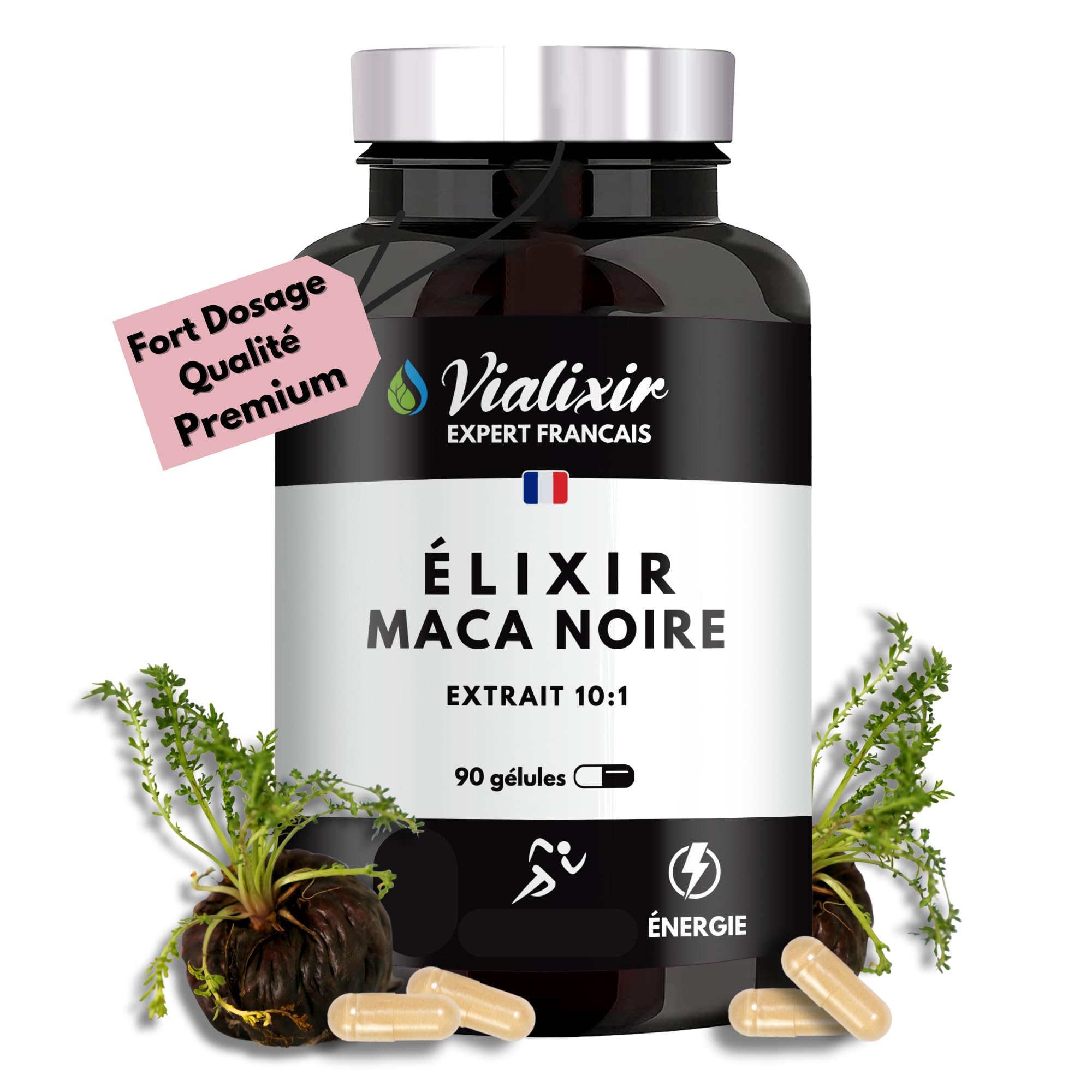 Maca Noire 20 000mg/jour Extra Forte | 90 Gélules Végan | Energie Equilibre Hormonal Détente I Extrait de Racine du Pérou concentré 10:1 I Ginseng Péruvien Made in France -Vialixir
