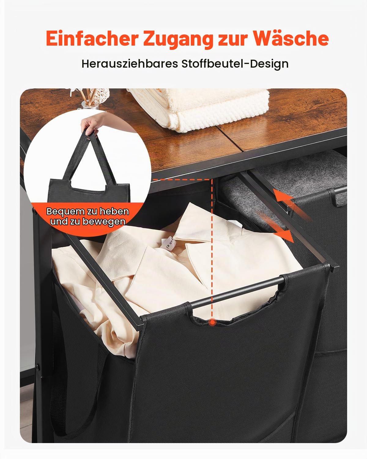 VEVOR Wäschekorb Wäschesammler mit Holztischplatte, Wäschesortierer mit 3 ausziehbaren Beuteln (600D Oxford Stoff) & Metallrahmen, Wäsche-Sortiersystem für schmutzige Kleidung Badezimmer Schwarz