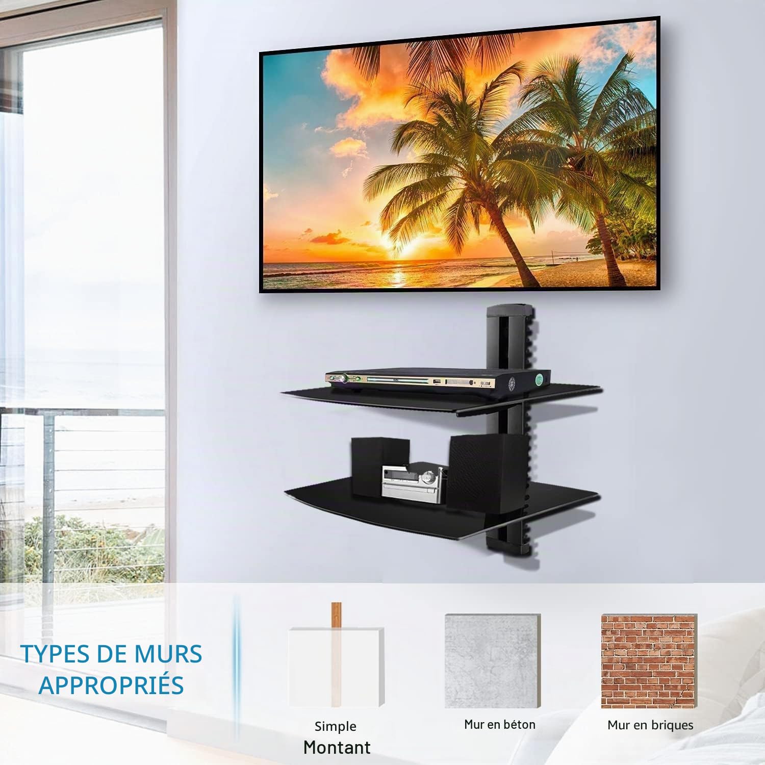 suptek Étagère Murale 2 Niveaux, Support en Verre Trempé, Hauteur Réglable avec Gestion de Câbles, 2 Flottantes Étagères Compatible avec Console de Jeux, Décodeur, Lecteur DVD, Noir, CS202