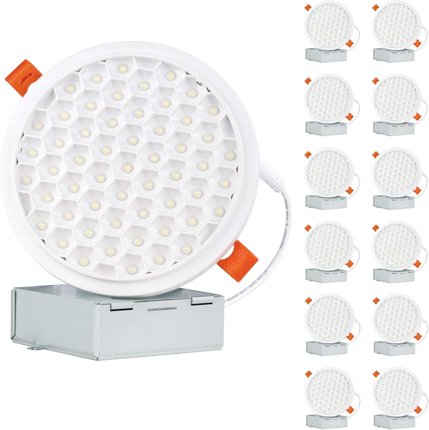 🔥 Crazy Deals CP3 12 Pack 4/5 Inch LED Downlight 100W Eqv Ultra-Thin with Junction Box 900LM High Brightness 80+ CRI 5000K Daylight White Honeycomb Mesh Anti-Glare Canless LED Recessed Ceiling Light - ETL Certified