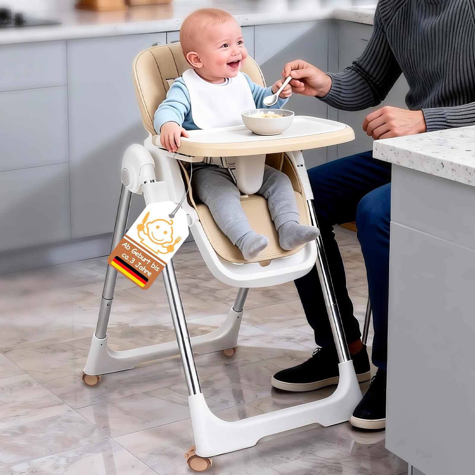 Soontrans Hochstuhl Baby, Sicher am Familientisch zum Essen Spielen Entdecken, Mitwachsend Ab Geburt bis Kleinkind, Liegeposition & Höhenverstellbar & Klappbar, aus Metallrahmen & Gepolstert (Beige)