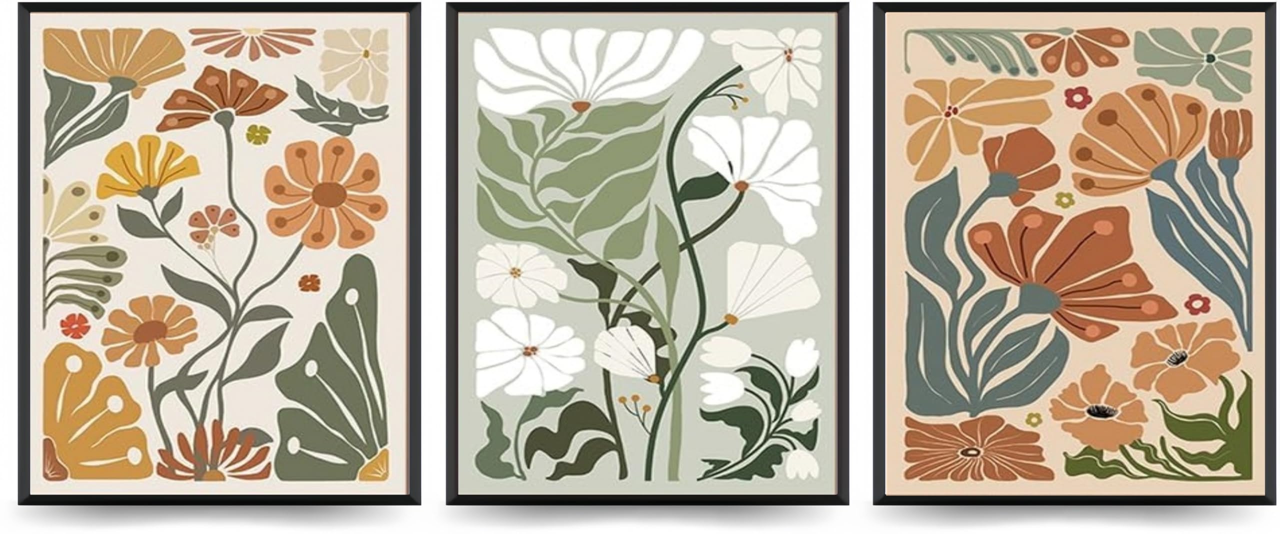 Linilioart Earthy Tones With Greens Set Of 3 Abstract Boho Floral Posters Wall Art, Minimalist Matisse Canvas Print Vintage Botanical Painting Picture For Bedroom Bathroom,Unframed (50X70cm)