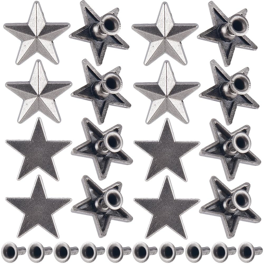 GORGECRAFT 1 Box 40Pcs Star Rivets 2 Styles Star Rivet Studs Antique Silver Pentagram Five-Pointed Metal Leather Craft Spikes Decorative Garment