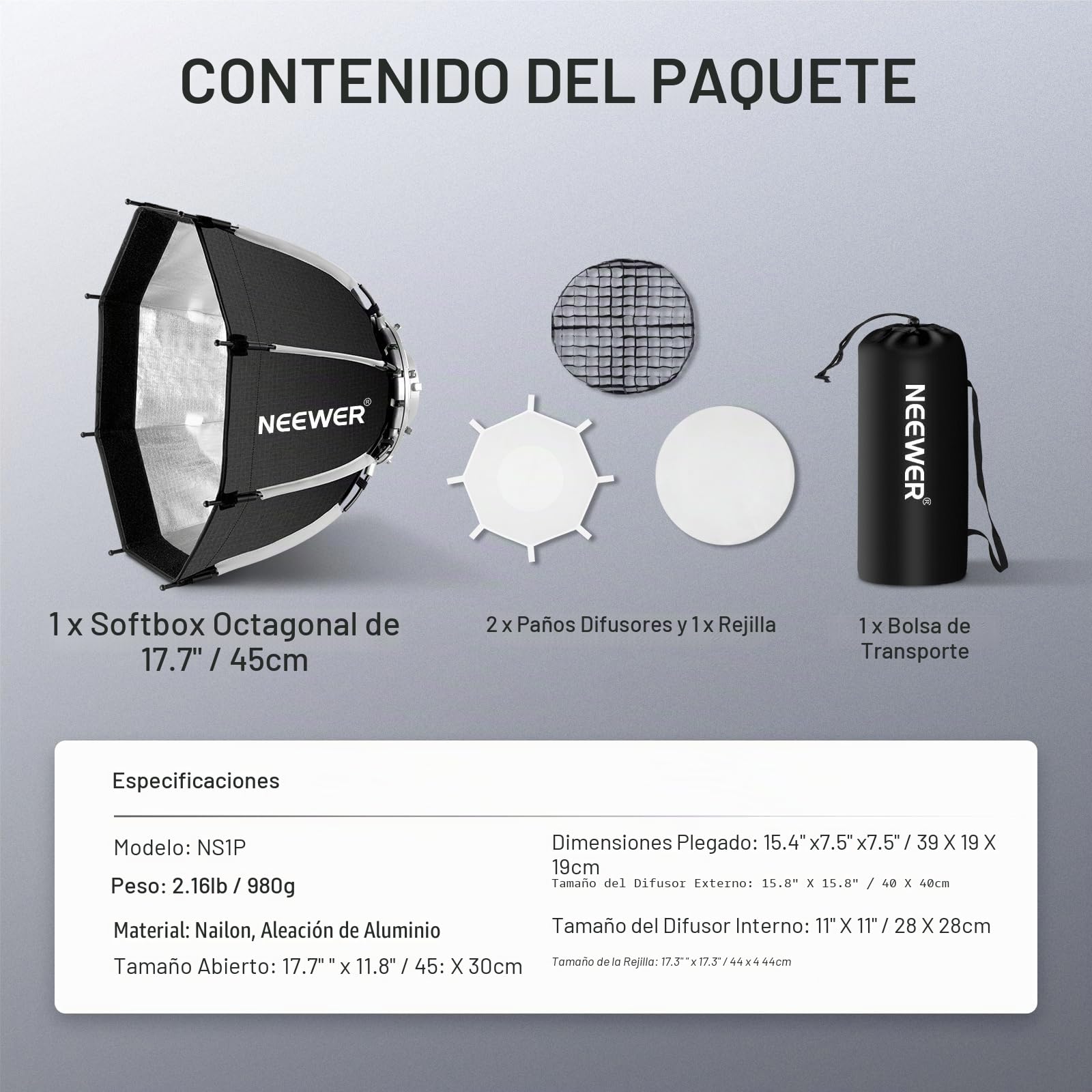 NEEWER 45cm Softbox Octagonal Bowens Mount, Configuración Rápida Plegable con Difusores/Rejilla de Panal/Bolsa para Q4 RGB CB60 MS60B MS60C MS150B Compatible con Godox Aputure Luz Estudio Video, NS1P