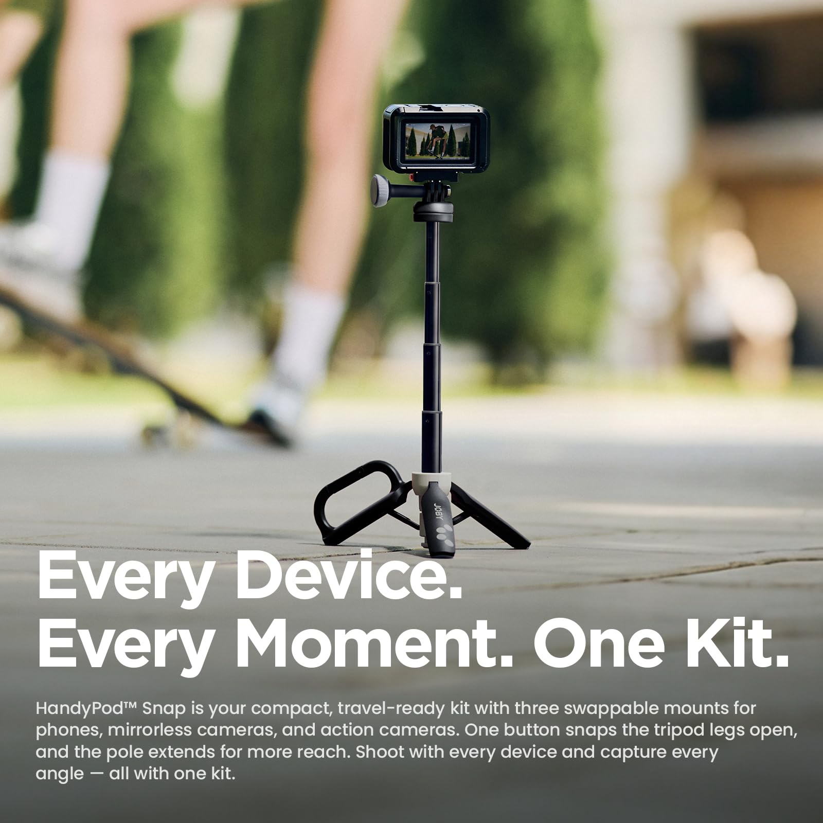 JOBY TP04 TelePod - Trípode de escritorio abierto de un solo toque y palo para selfie, extensible de 29 cm, soporte magnético para teléfono, cabeza de bola panorámica de amortiguación de 0.25 pulgadas