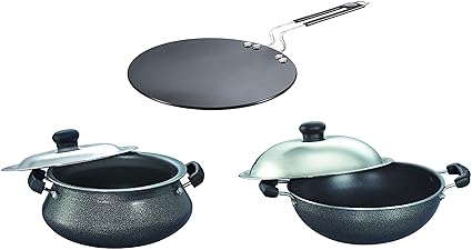Prestige Omega Select Plus Mini Handi with SS lid&Prestige Aluminium Hard Anodised Cookware Paratha Tawa, 26.5 cm, Black&Prestige Omega Select Plus Aluminium Kadhai with Lid, 20 cm, Black