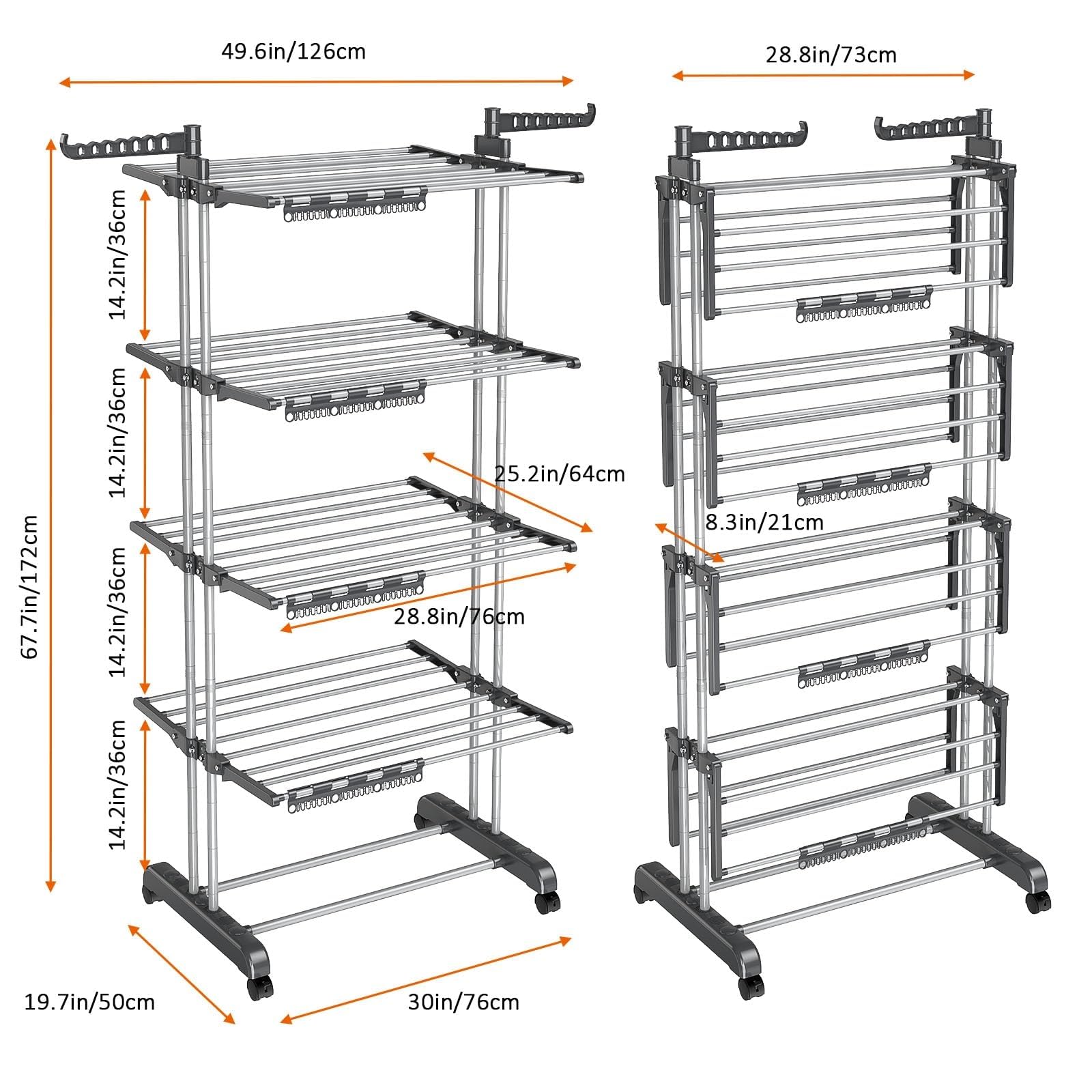 Séchoir à Linge pliable à 5 niveaux, hauteur réglable, étendoir à linge d'intérieur en acier inoxydable avec 4 roulettes, 32 tringles à vêtements, 14 crochets et 4 supports pour petites pièces