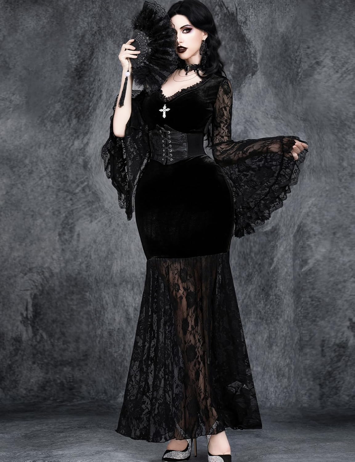 Women's Gothic Sexy Retro Dress Lace Splicing Velvet V-Neck Cross Halloween Dress Without Corset - Image 6