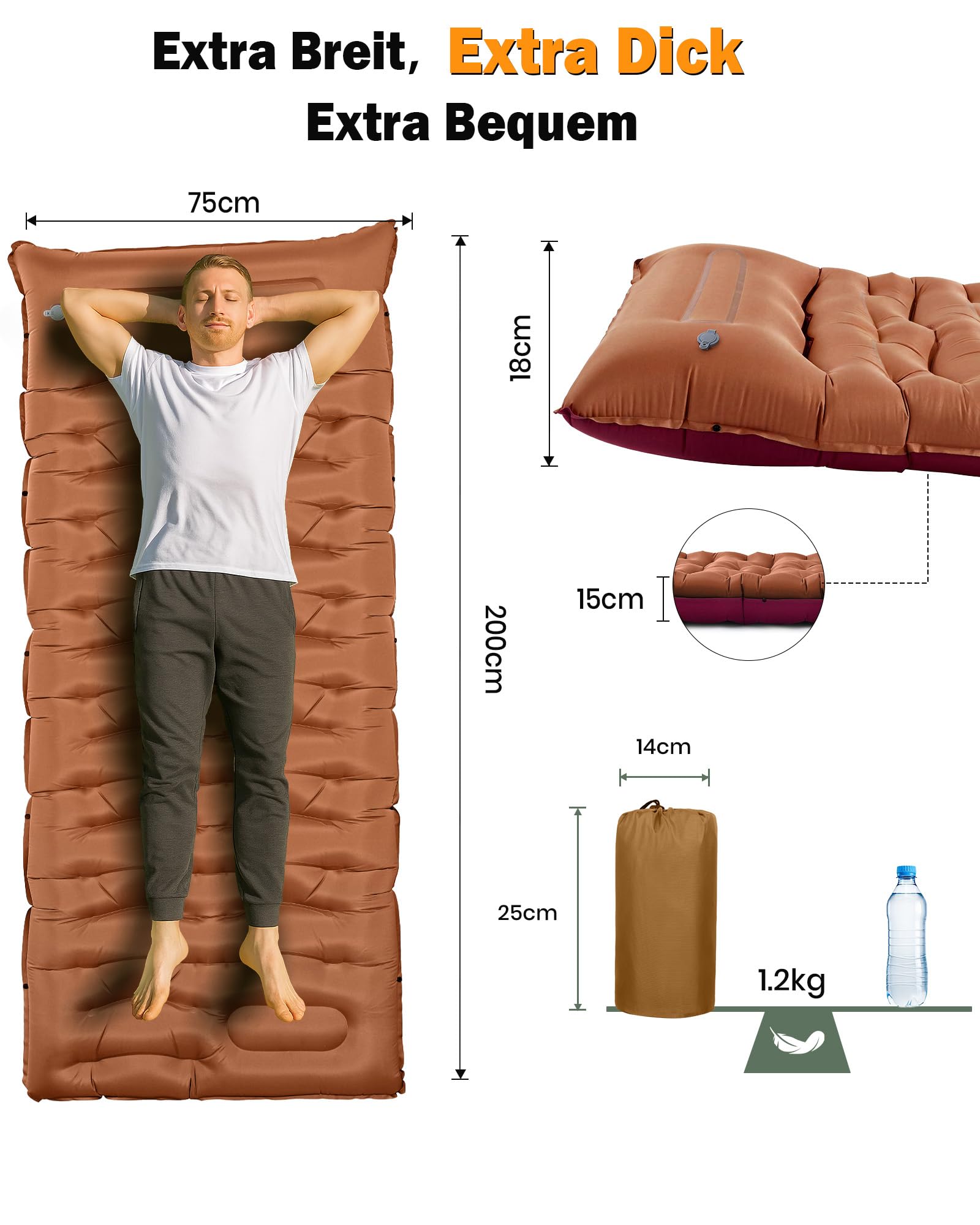 JasGood Isomatte Camping 15CM Ultraleicht Camping Luftmatratze mit Kissen und Fußpumpe Aufblasbare Matratze Kompakte Leichte Schlafmatte für Wandern Reisen Zelt Strand,Braun
