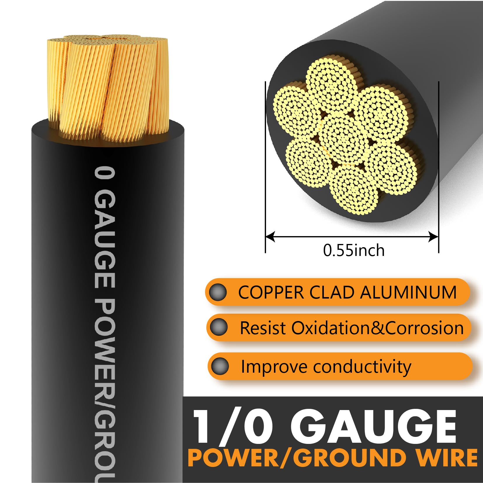 Câble CCA noir de calibre 1/0 (rouleau simple de 6,1 m) – Câble de terre de rechange pour amplificateur de voiture et mise à niveau Big 3 | Comprend des bornes et un thermorétractable