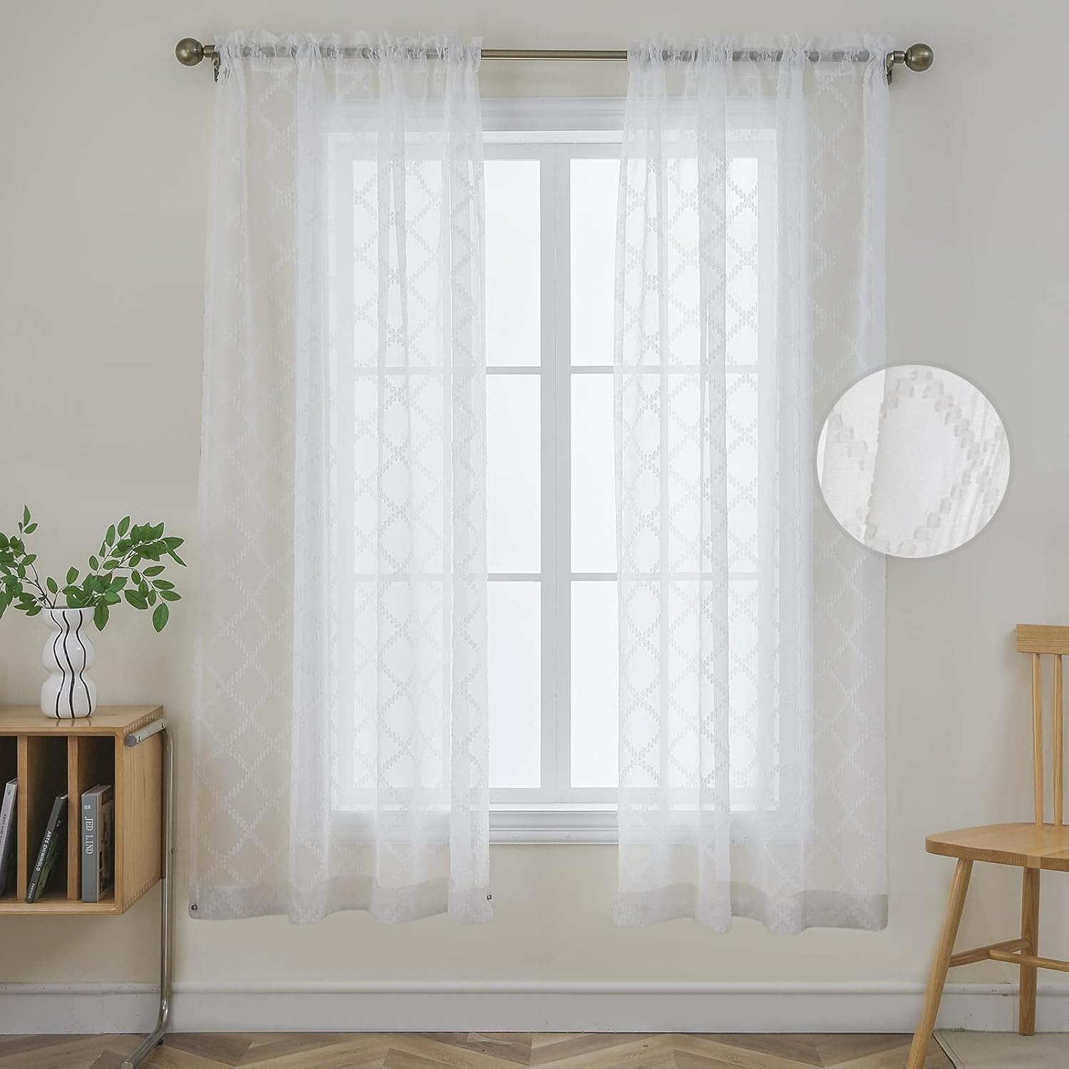 Joydeco White Sheer Curtains 63 Inch Length 2 Panels Set, Rod Pocket Semi Sheer Curtains for Bedroom Living Room, Window Treatments Voile Drapes (54x63 inch, Off White)