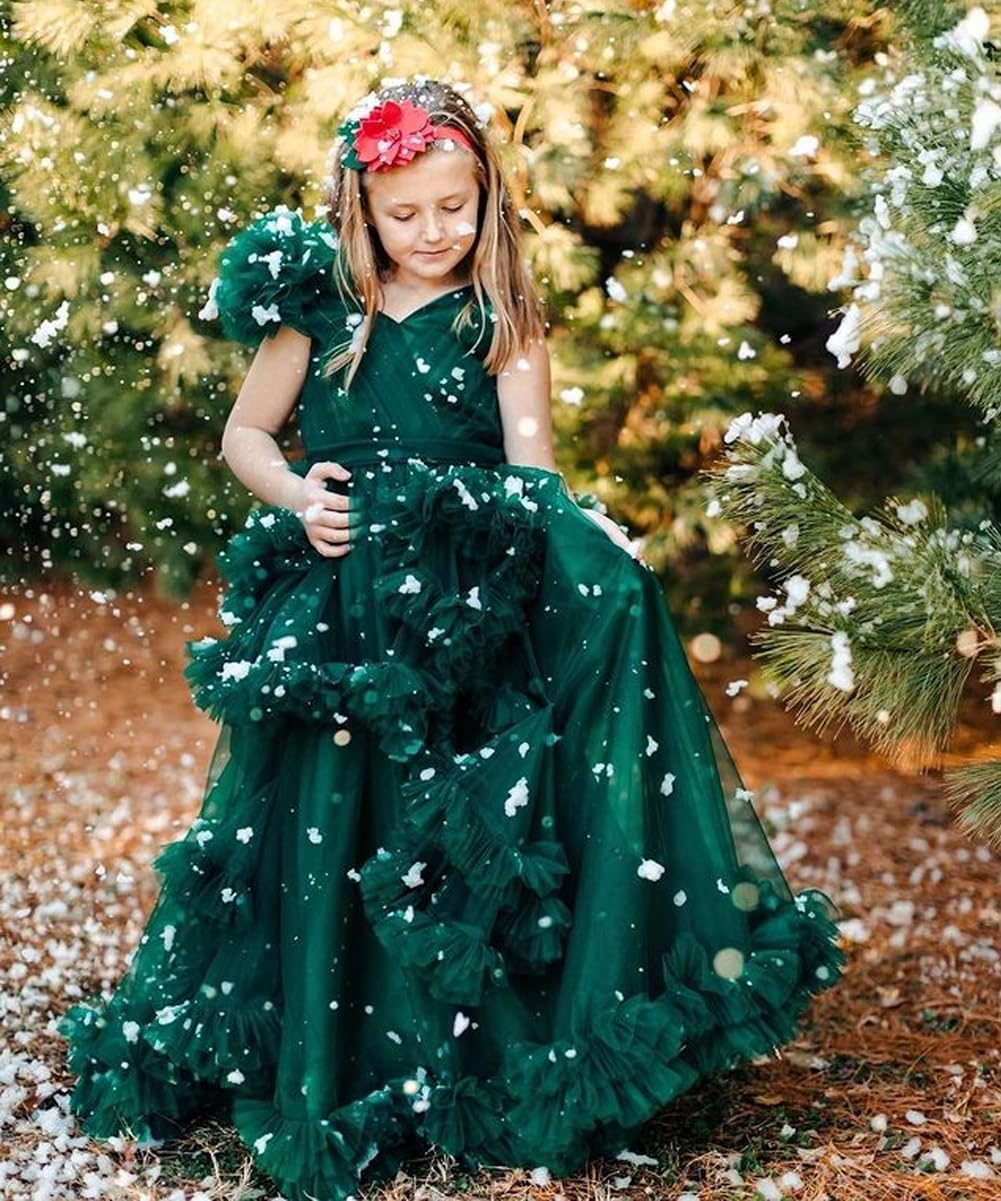 Tulle Flower Girls Dresses for Wedding 2026 V-Neck Princess Prom Dress for Kids Toddler Birthday with Train
