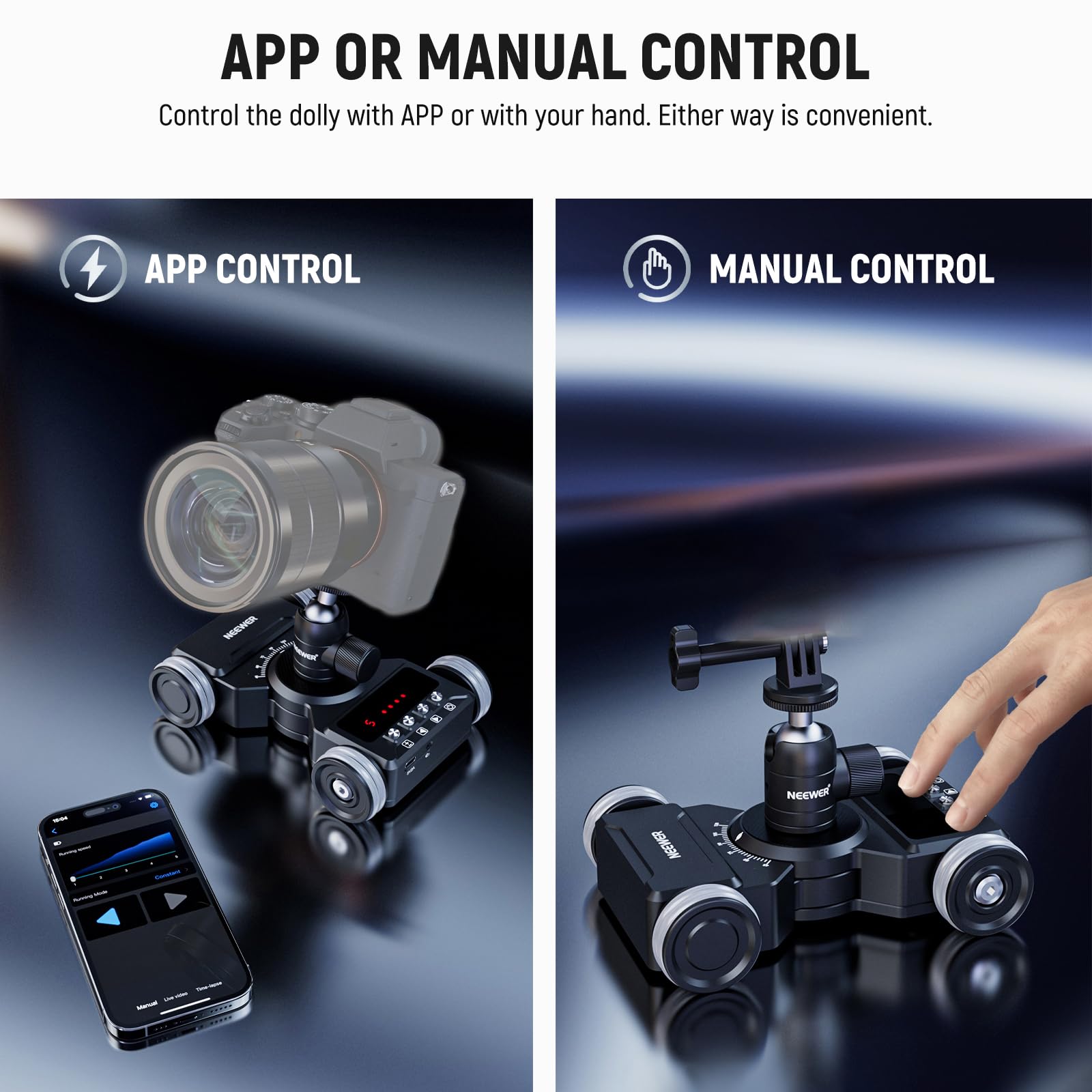 NEEWER Kit Motorized Camera Dolly Mejorada App Control,Batería 5Hrs Funcionamiento,Rótula Bola/Soporte Teléfono/Cámara Acción Compatible con GoPro iPhone Android DSLR,DL300(Solo Piso Liso Escritorio)