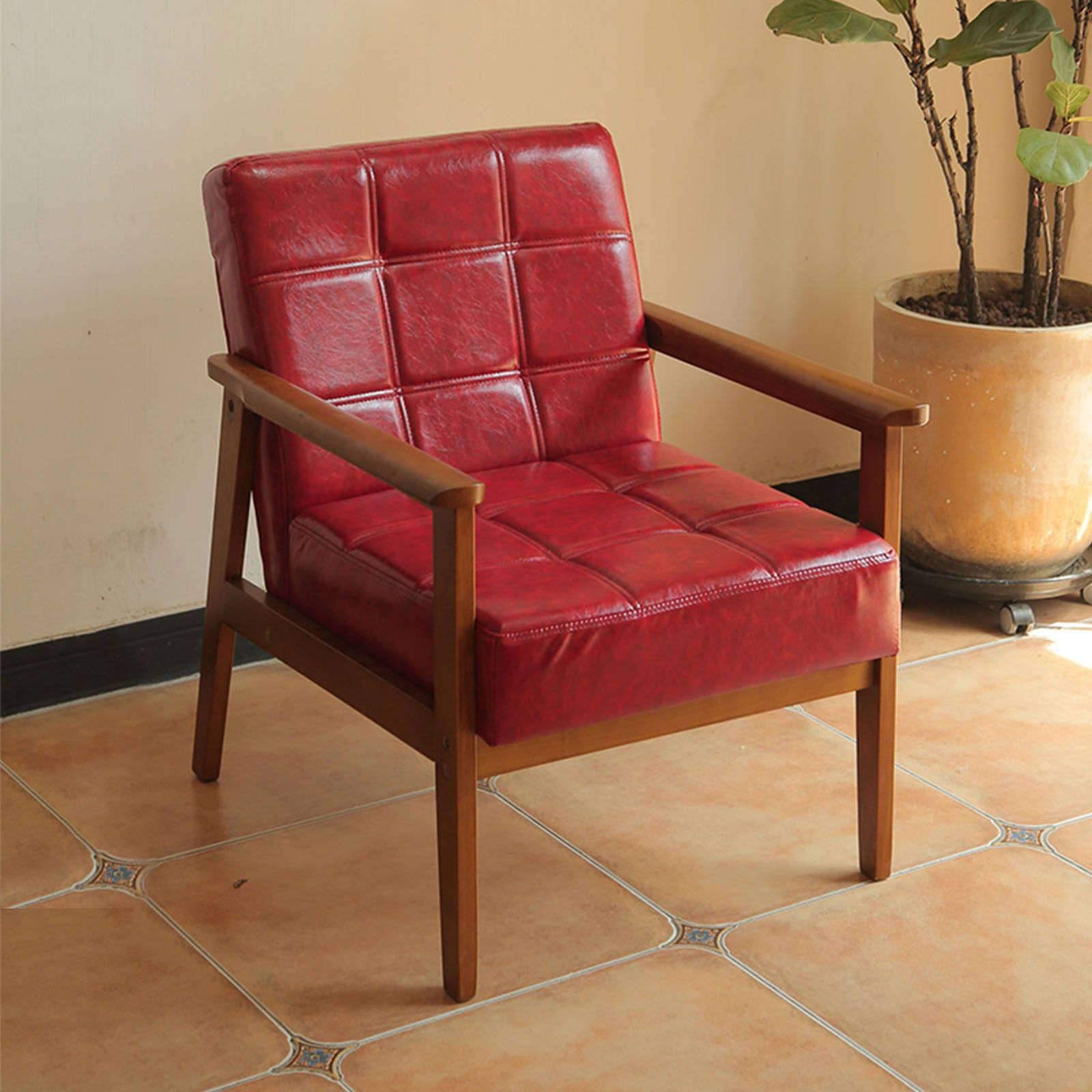 Mid Century Retro Leather Accent Chair, Wood Armchair Patio Chaise Lounger Upholstered Reading Chair for Indoor Outdoor Coffee Shop Dining Room-E