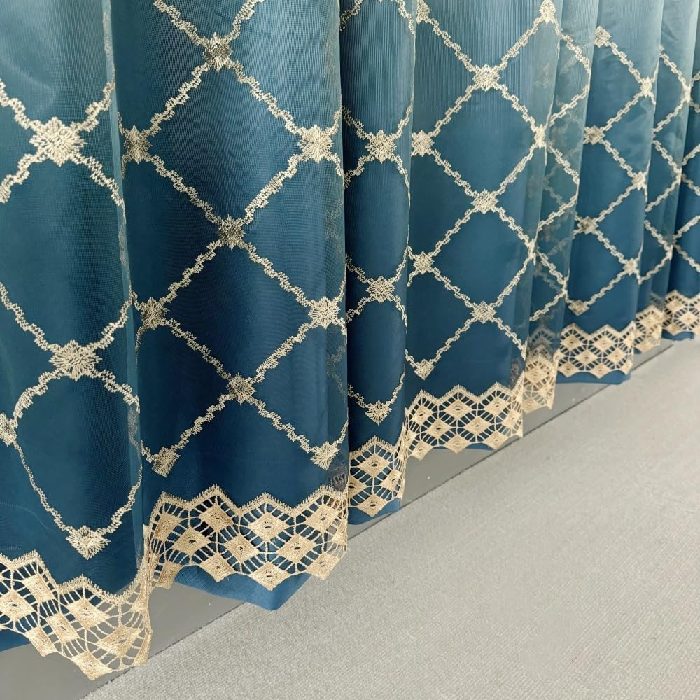 Amidoudou Geometric Curtains for Living Room & Bedroom, 2 Panels Double Layer Gradient Diamond Pattern Embroidered Window Drapes, Blue, 54x90 Inches