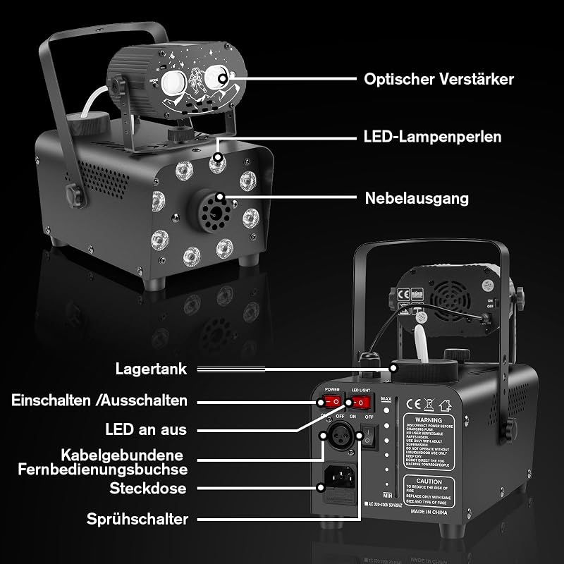 Katomi 700W füstgép RGB LED diszkó fénnyel, 2 vezeték nélküli távirányítóval