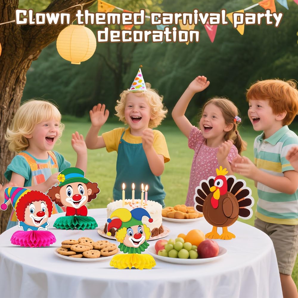 Décoration de Carnaval de Clown, 9 Pièces Décorations de Table Clown, Décoration de Table en Nid D'abeille 3D, Décoration Clownesque Alvéolaire Cirque Animal, pour Carnaval, Anniversaire (6Pcs)