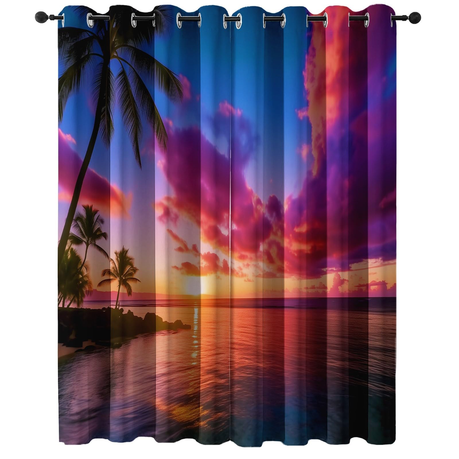 140L X 260H cm (2 Panneaux) Rideau Occultant Thermiques à Oeillets pour Chambre, Rose Orange Motif Paysage Plage Nuages Coucher De Soleil Rideaux Salon pour Chambre Enfant Fille Garcon Rideau