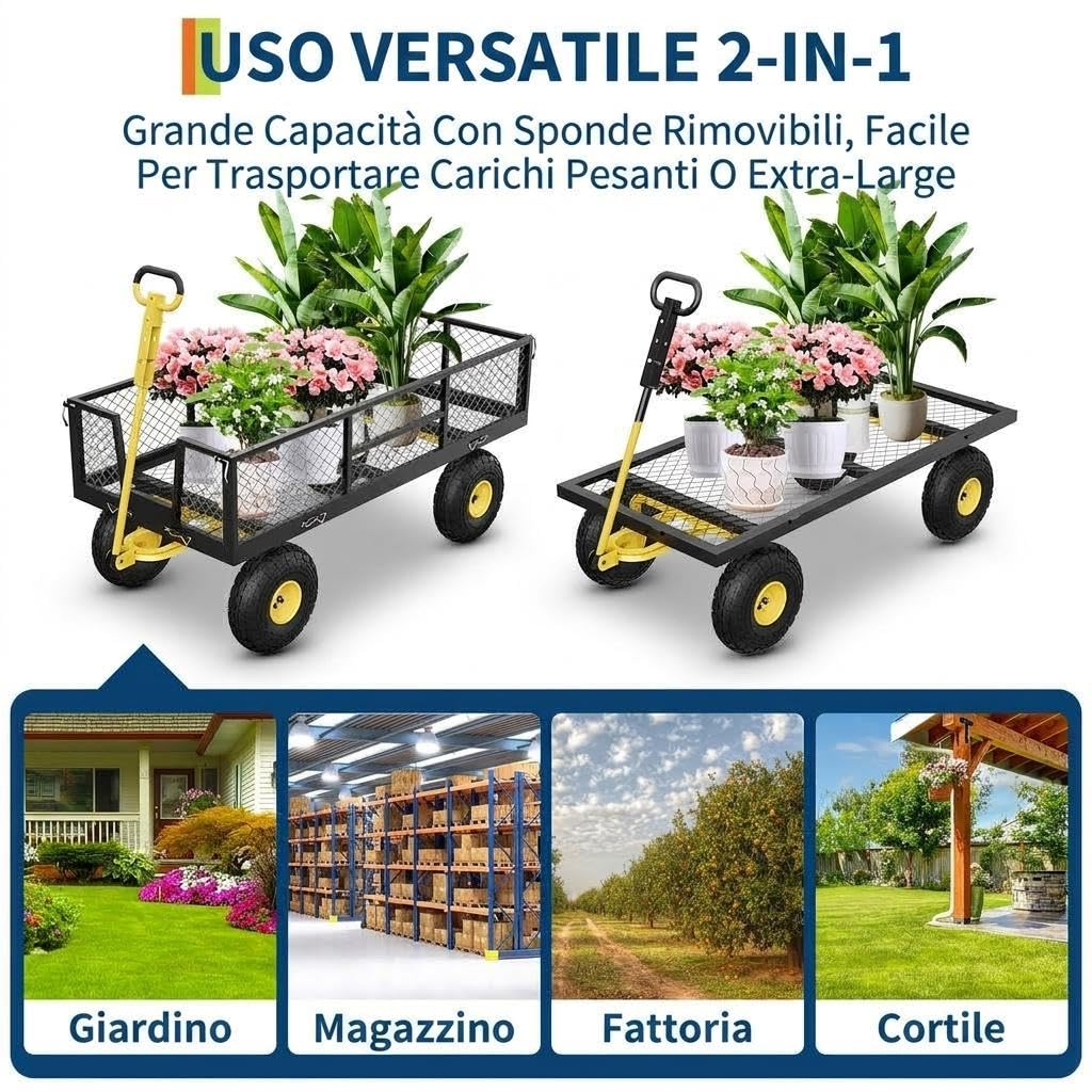 GarveeHome Carrello da giardino robusto 900 kg in acciaio – Sponde rimovibili – Ruote pneumatiche 10'' – Pianale trasformabile – Manico regolabile – Per giardino, prato, fattoria, magazzino