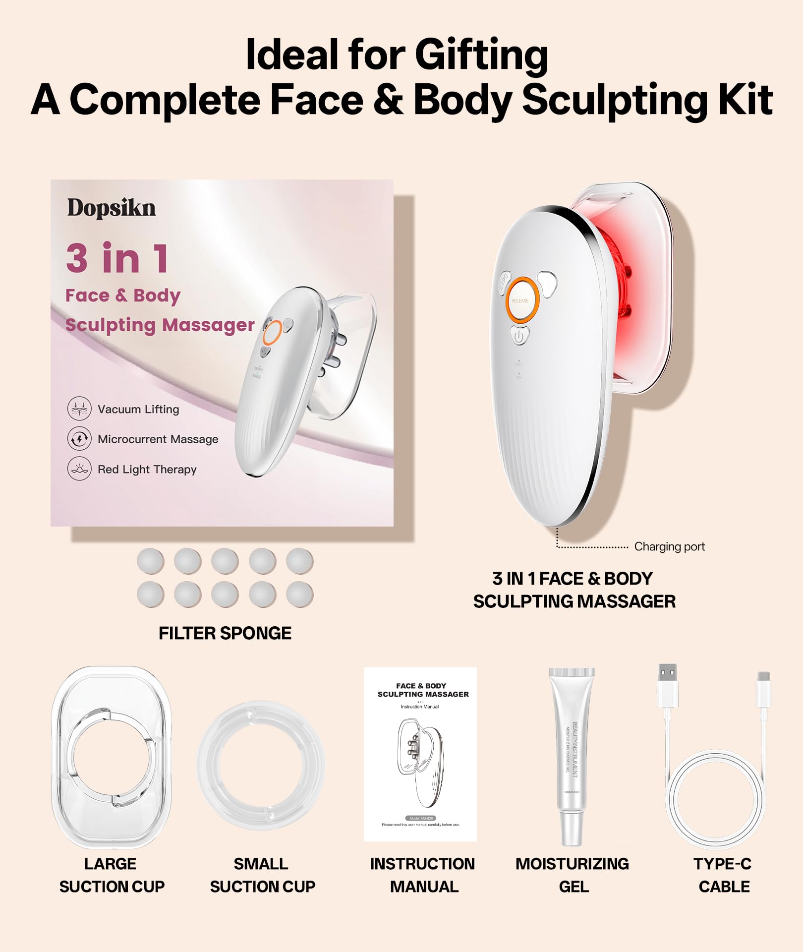 Dopsikn Body Sculpting Machine with Red Light Therapy for Face & Body, Cupping Therapy, Electric Cellulite Massage Tool with 2 Cups, Gift for Women, White: Pure White