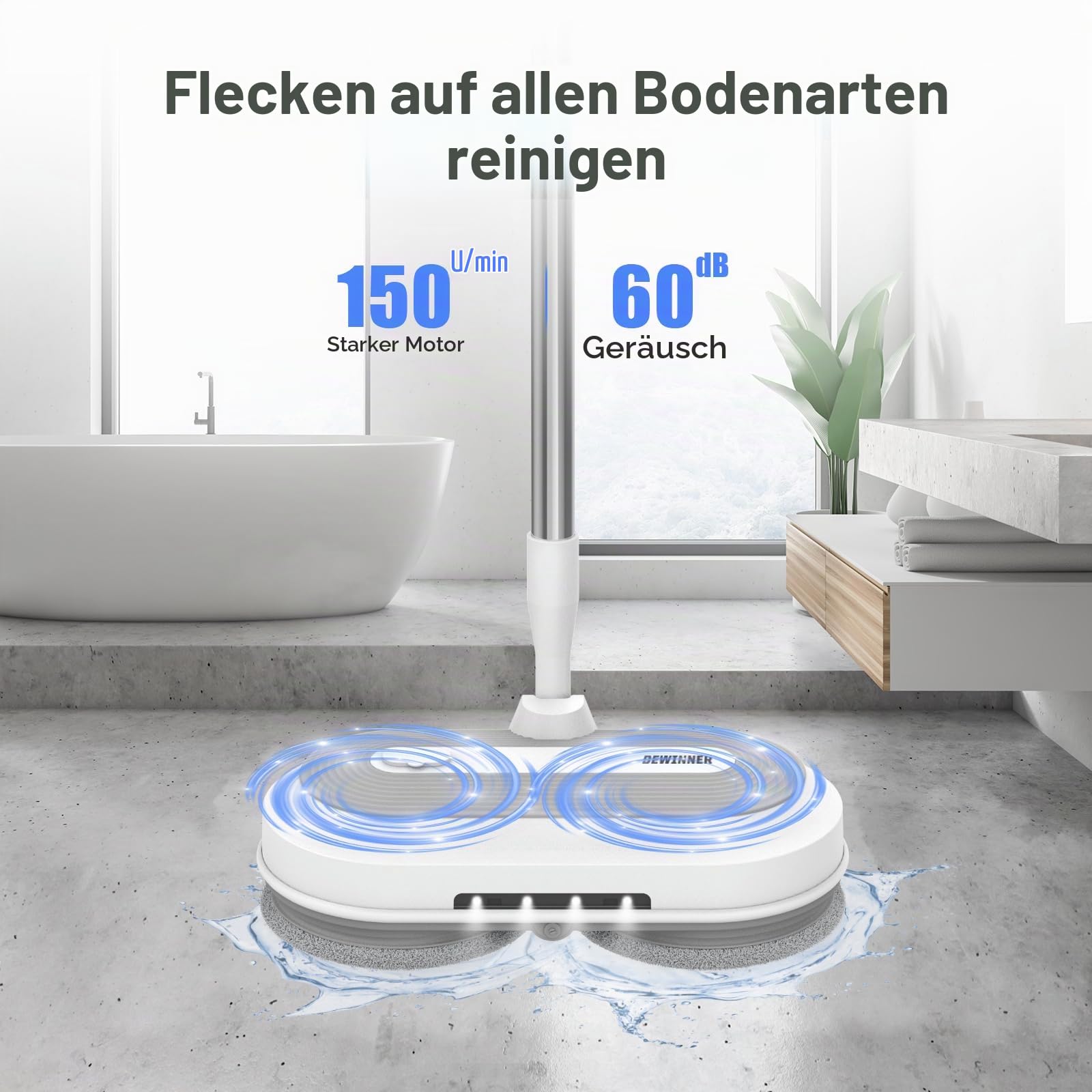 DEWINNER Kabelloser Wischmopp mit 2.0Ah Akku & 300ml Wassertank | Doppel-Rotationssystem (150 U/min) | LED-Arbeitslicht | Höhenverstellbar | Für Böden & Terrassen