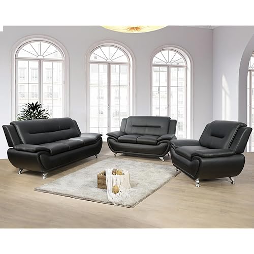 Living Room Sofa Set, Faux Leather Sofa and Loveseat with Chair, Black Leather Couch Set for Living Room/Apartment/Office/Reception (Black)
